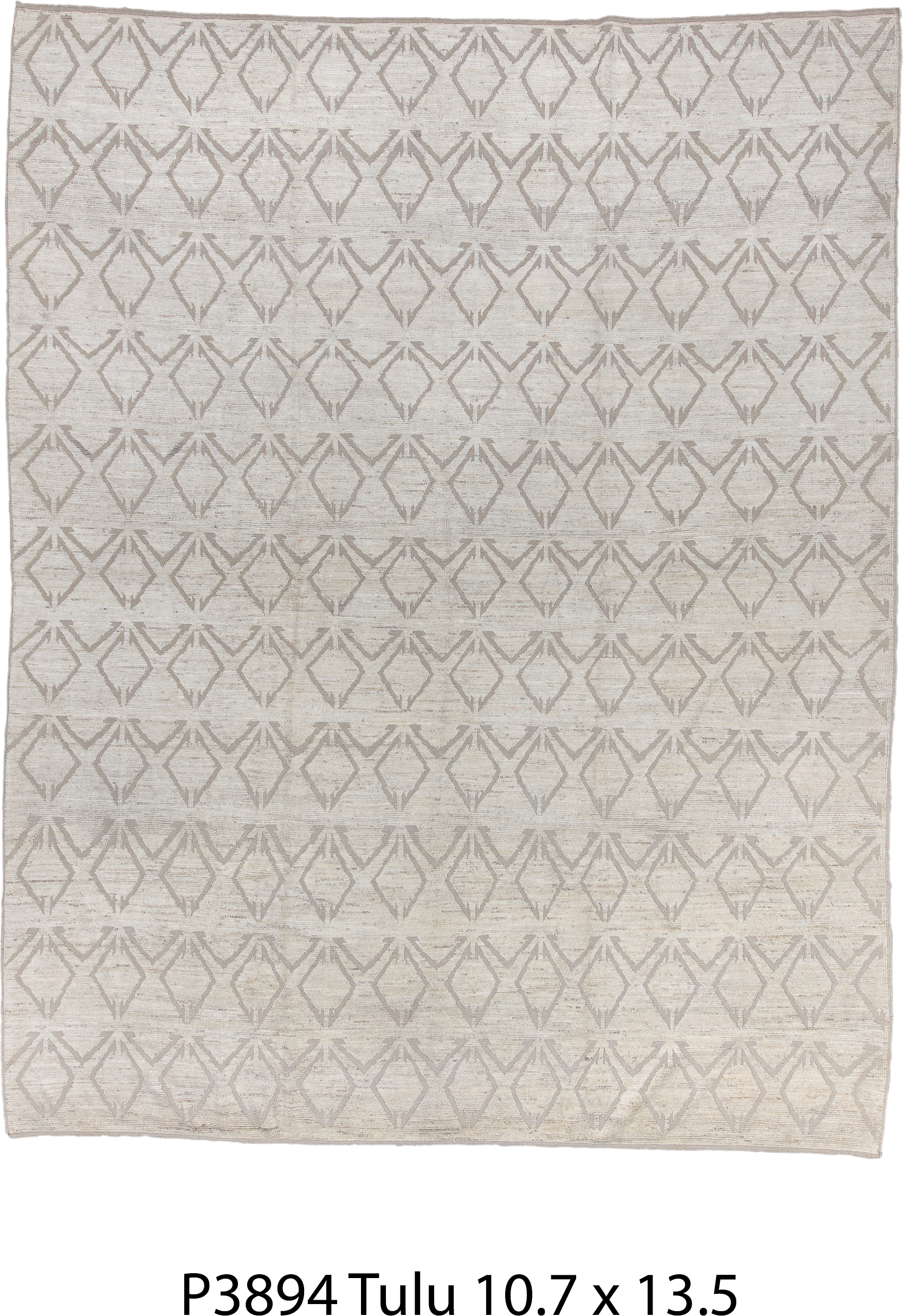 10' x 13' one-of-a-kind handmade vintage Tulu large size rug. Color palette: ivory, taupe, beige, cream, gray
