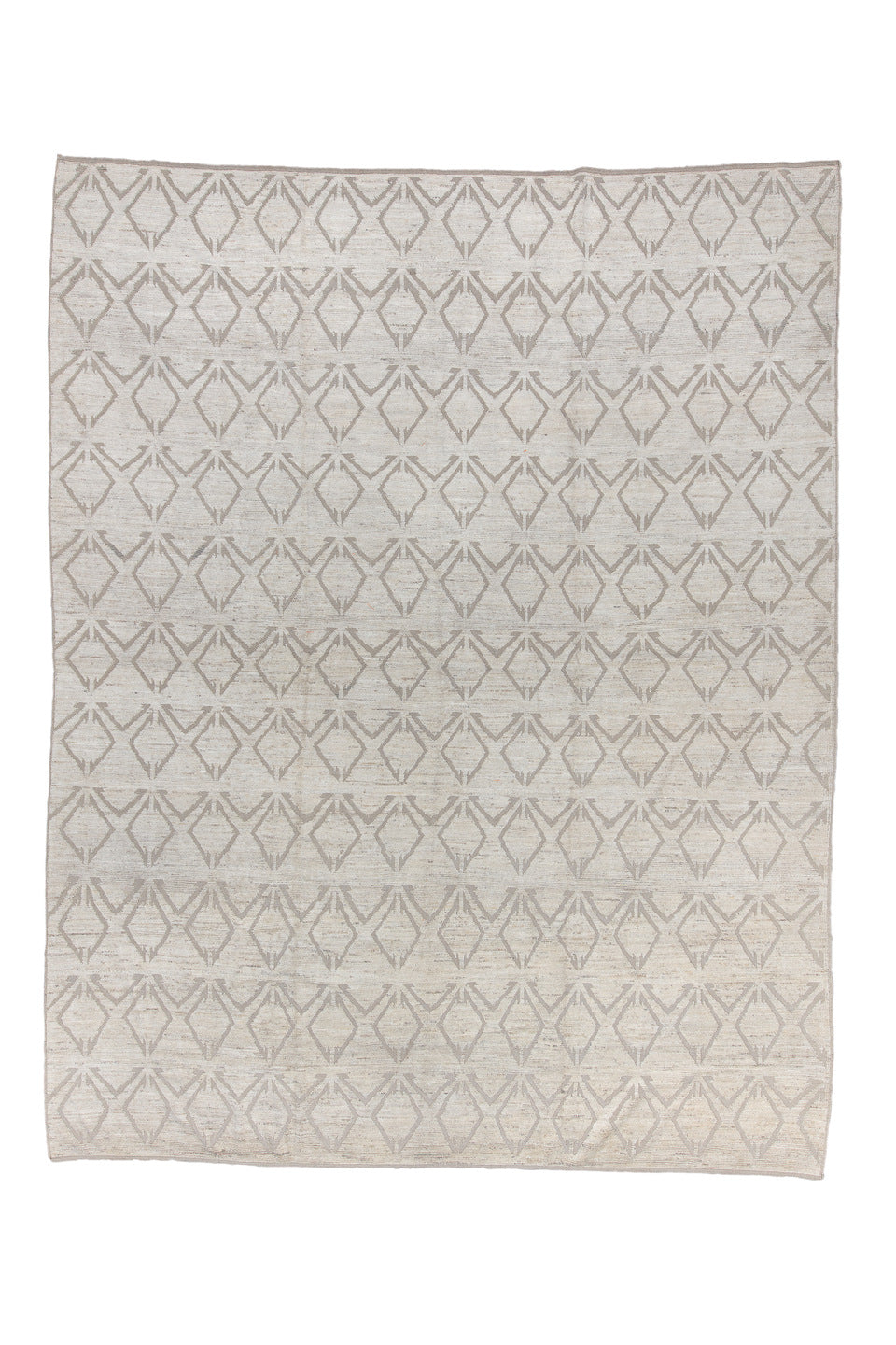 10' x 13' one-of-a-kind handmade vintage Tulu oversize rug. Color palette: ivory, taupe, beige, cream, gray