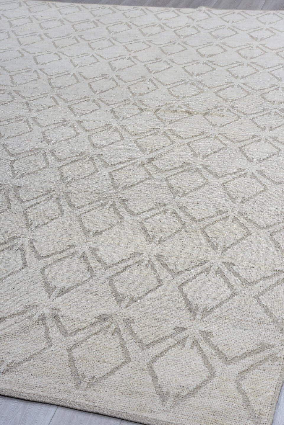10' x 13' one-of-a-kind handmade vintage Tulu oversize rug. Color palette: ivory, taupe, beige, cream, gray
