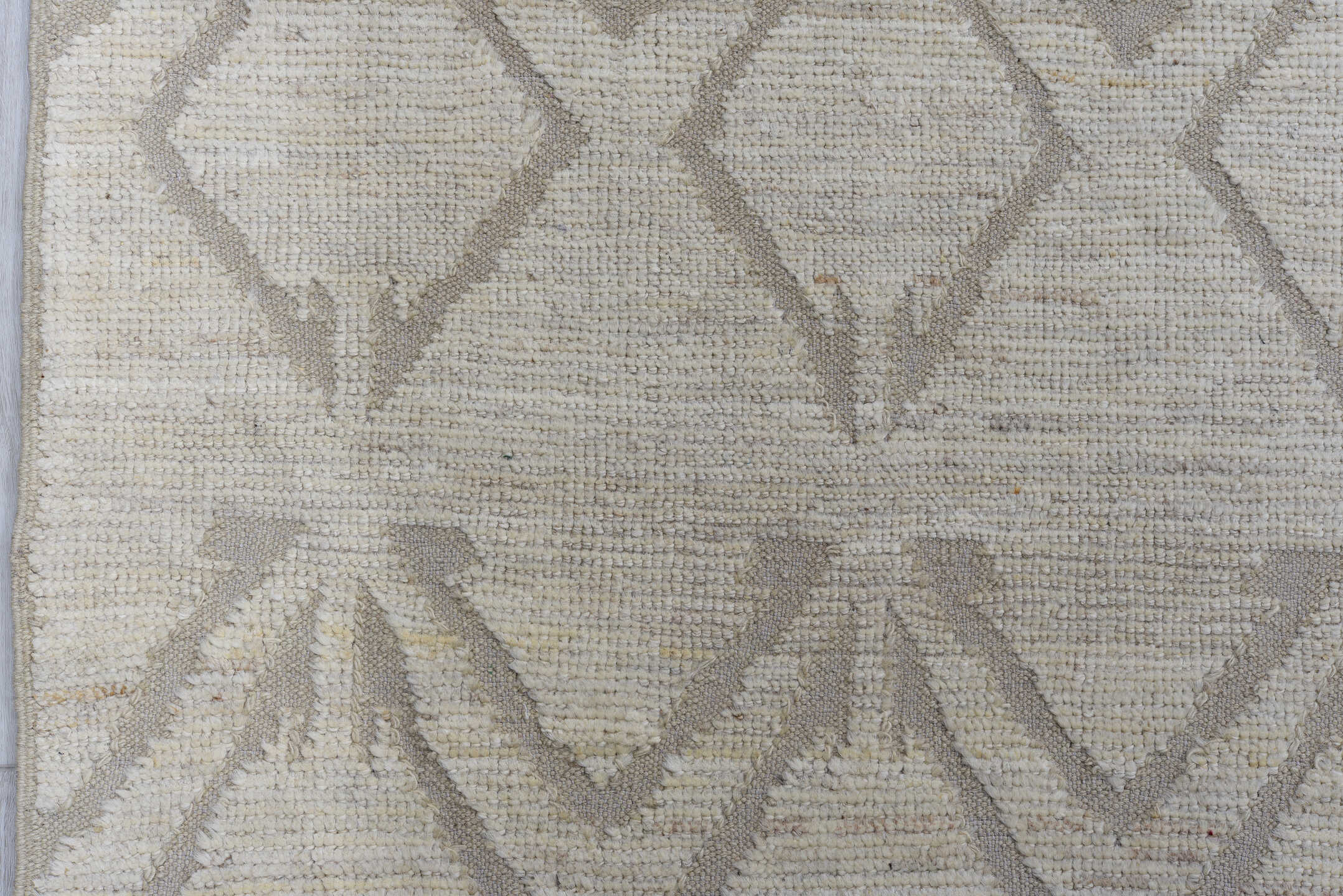 10' x 13' one-of-a-kind handmade vintage Tulu large size rug. Color palette: ivory, taupe, beige, cream, gray