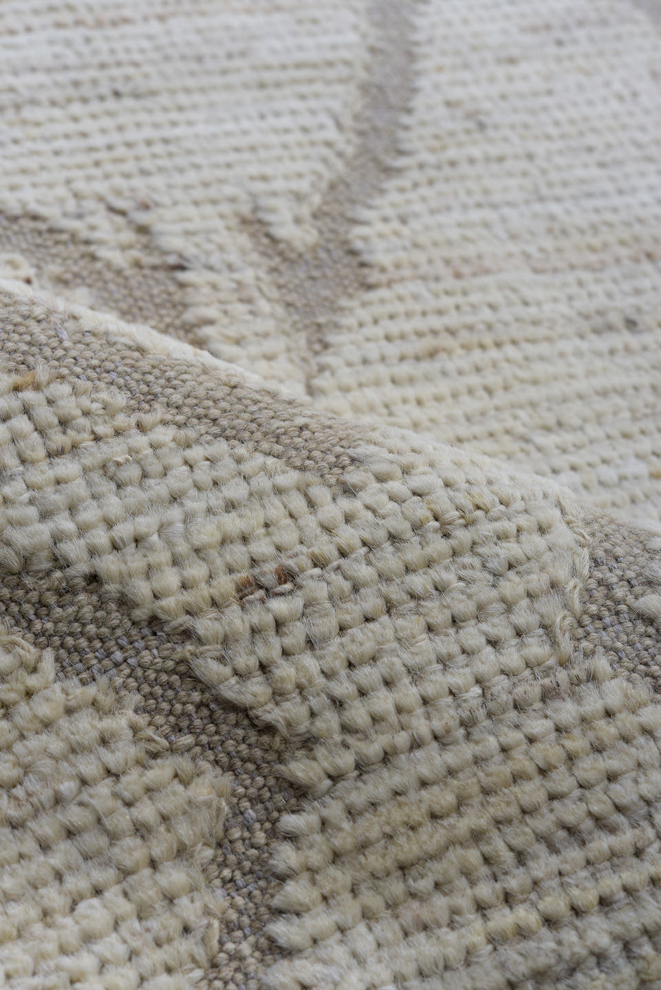 10' x 13' one-of-a-kind handmade vintage Tulu oversize rug. Color palette: ivory, taupe, beige, cream, gray
