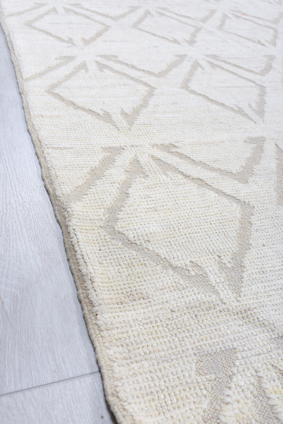 10' x 13' one-of-a-kind handmade vintage Tulu oversize rug. Color palette: ivory, taupe, beige, cream, gray