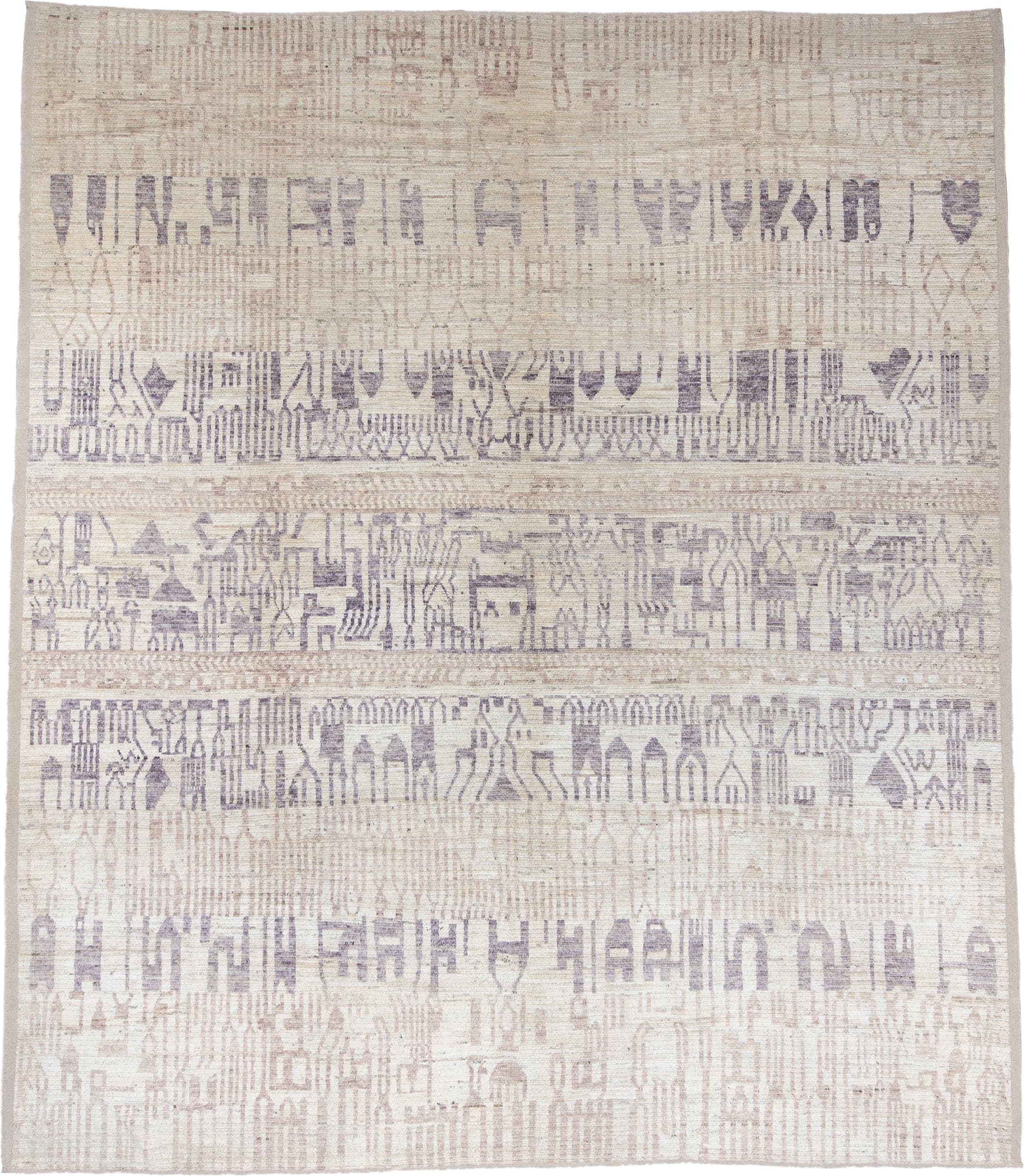 12' x 14' one-of-a-kind handmade vintage Tulu oversize rug. Color palette: ivory, taupe, lavender, beige, gray, light gray