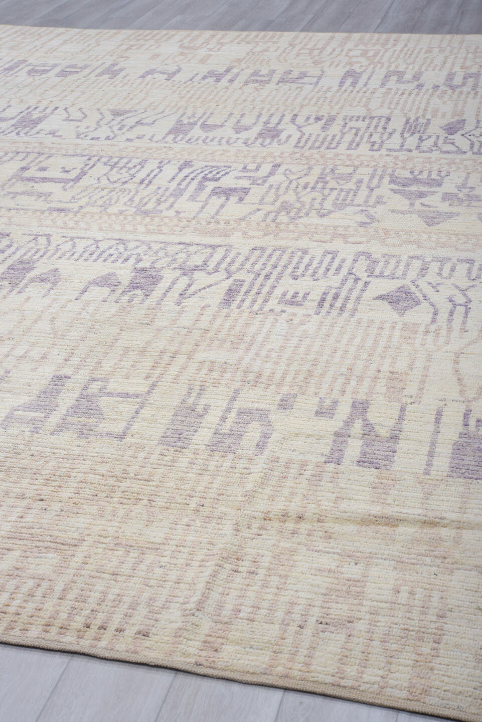 12' x 14' one-of-a-kind handmade vintage Tulu oversize rug. Color palette: ivory, taupe, lavender, beige, gray, light gray