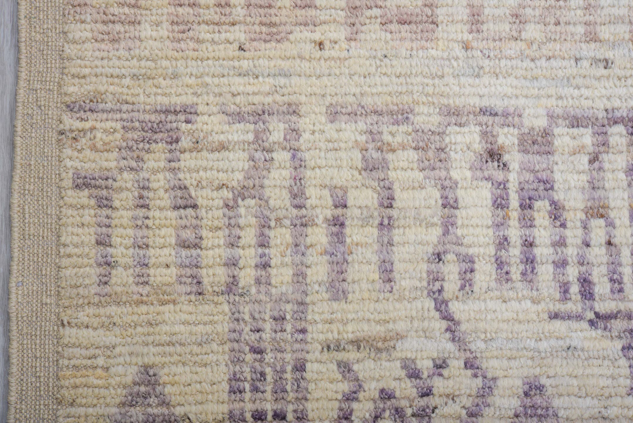 12' x 14' one-of-a-kind handmade vintage Tulu oversize rug. Color palette: ivory, taupe, lavender, beige, gray, light gray