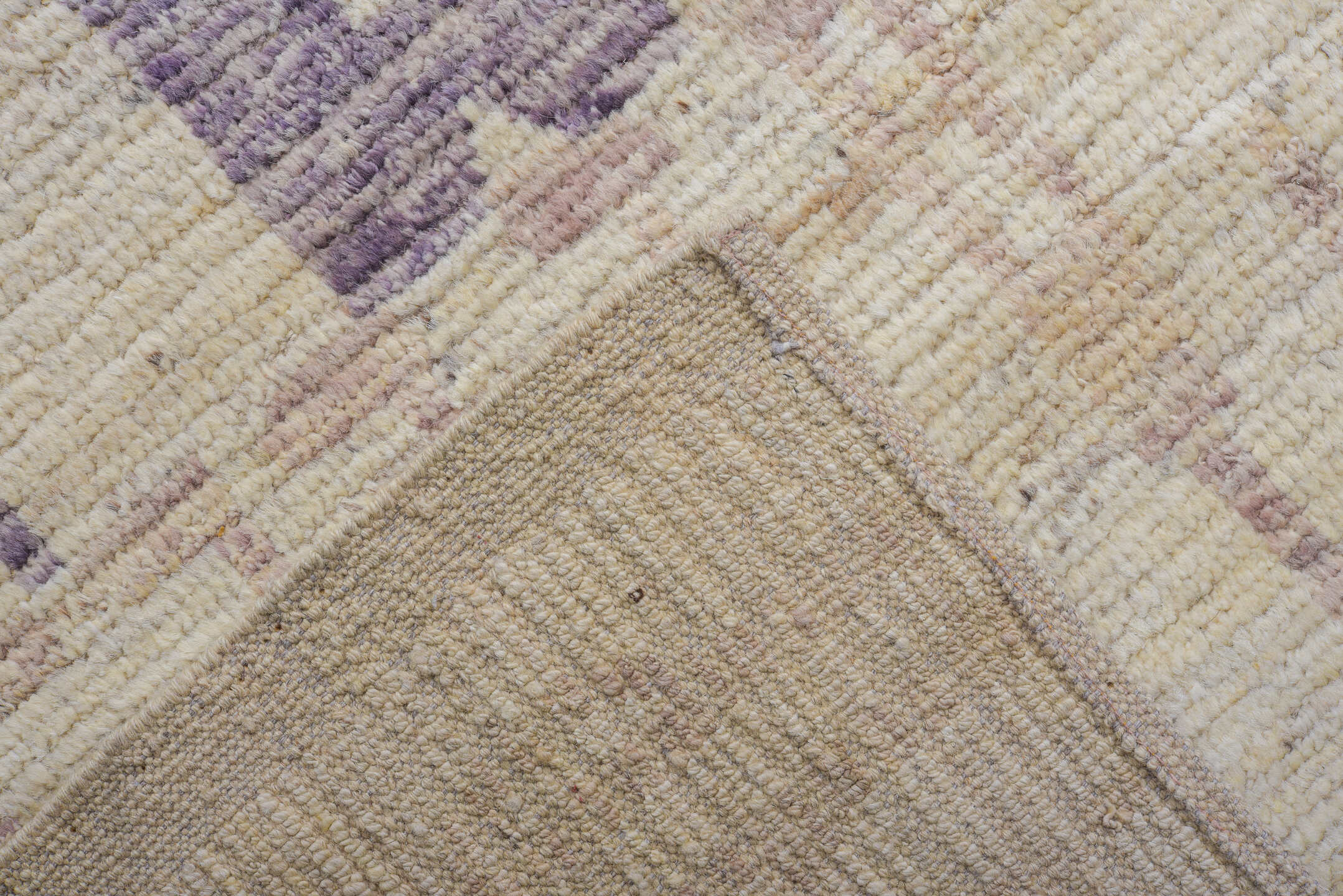 12' x 14' one-of-a-kind handmade vintage Tulu oversize rug. Color palette: ivory, taupe, lavender, beige, gray, light gray
