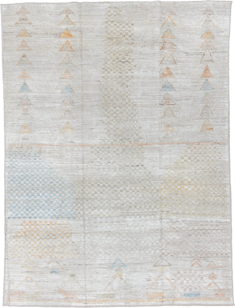 9' x 12' one-of-a-kind handmade vintage Tulu large size rug. Color palette: ivory, cream, pale blue, peach, beige, sand
