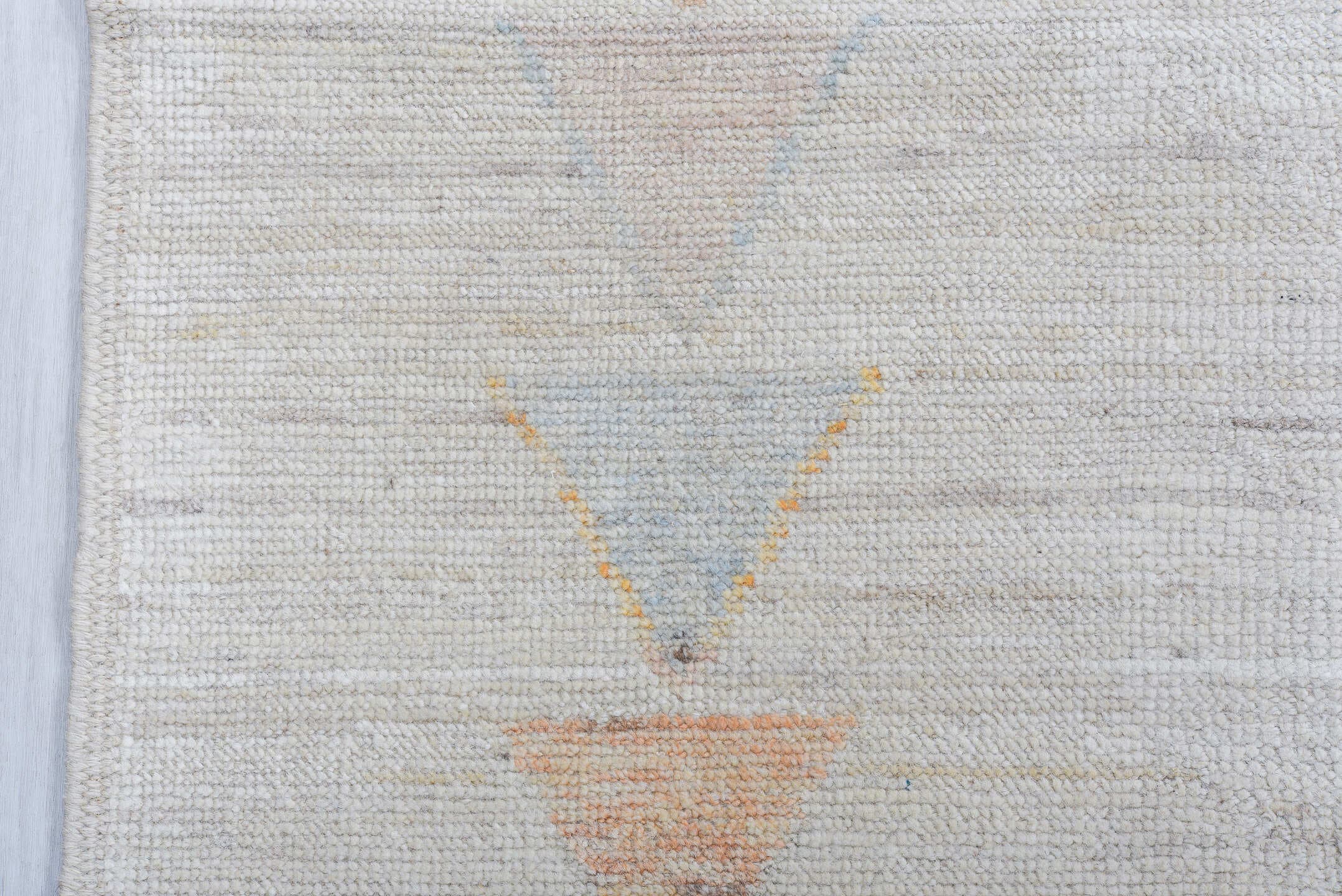 9' x 12' one-of-a-kind handmade vintage Tulu large size rug. Color palette: ivory, cream, pale blue, peach, beige, sand