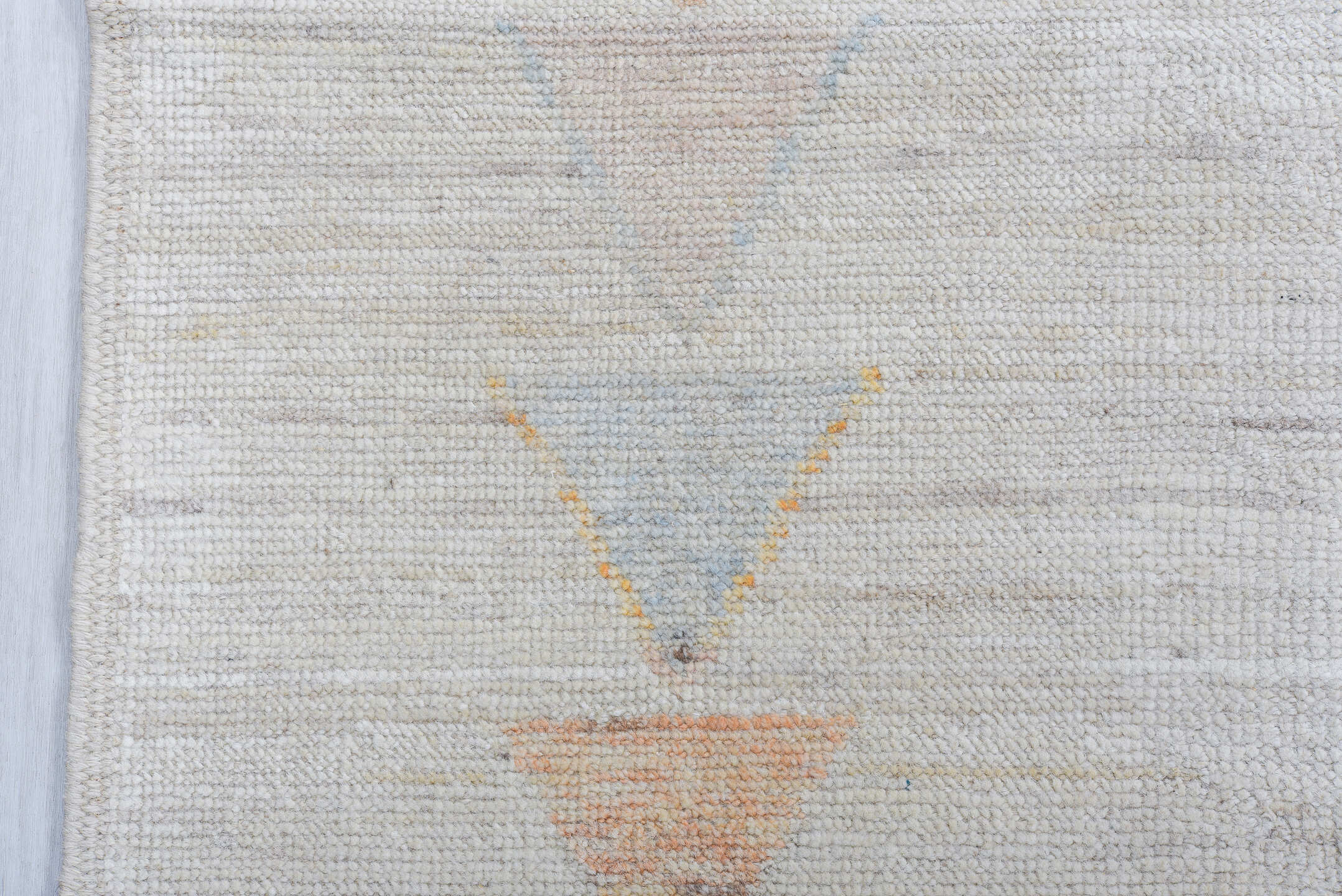 9' x 12' one-of-a-kind handmade vintage Tulu large size rug. Color palette: ivory, cream, pale blue, peach, beige, sand