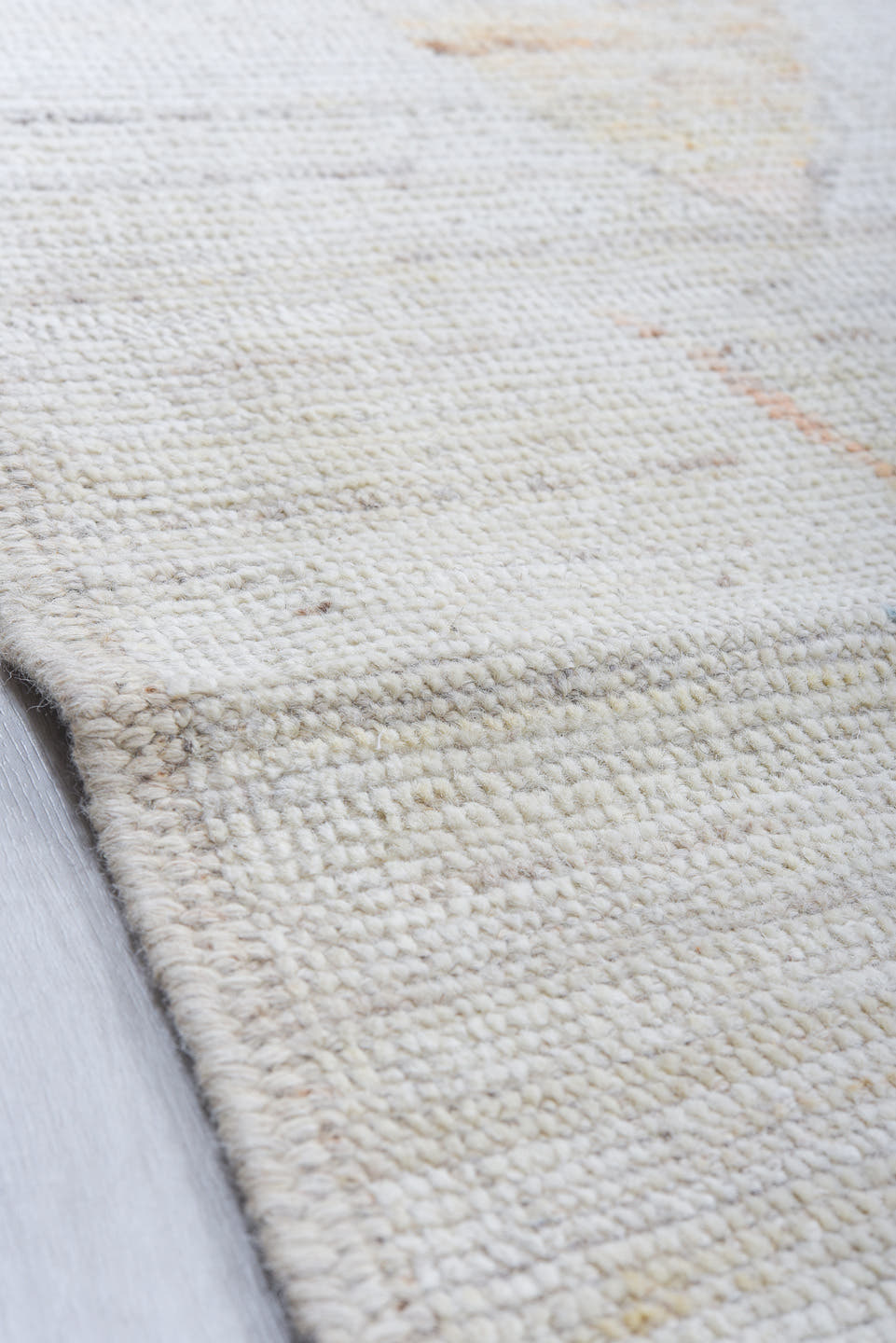 9' x 12' one-of-a-kind handmade vintage Tulu large size rug. Color palette: ivory, cream, pale blue, peach, beige, sand