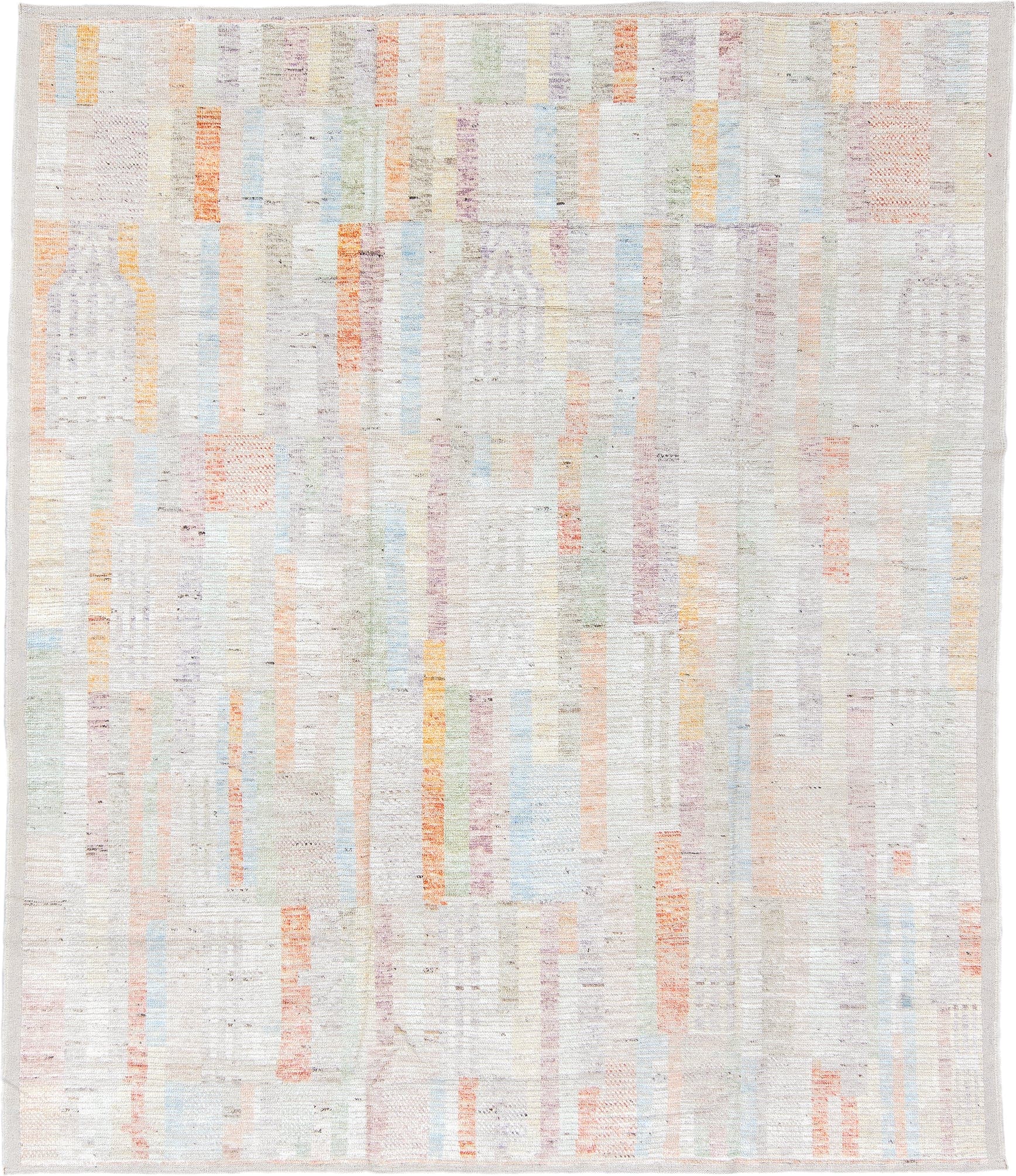 8' x 9' one-of-a-kind handmade vintage Tulu rug. Color palette: ivory, pale blue, peach, lavender, soft gold, sage, blush