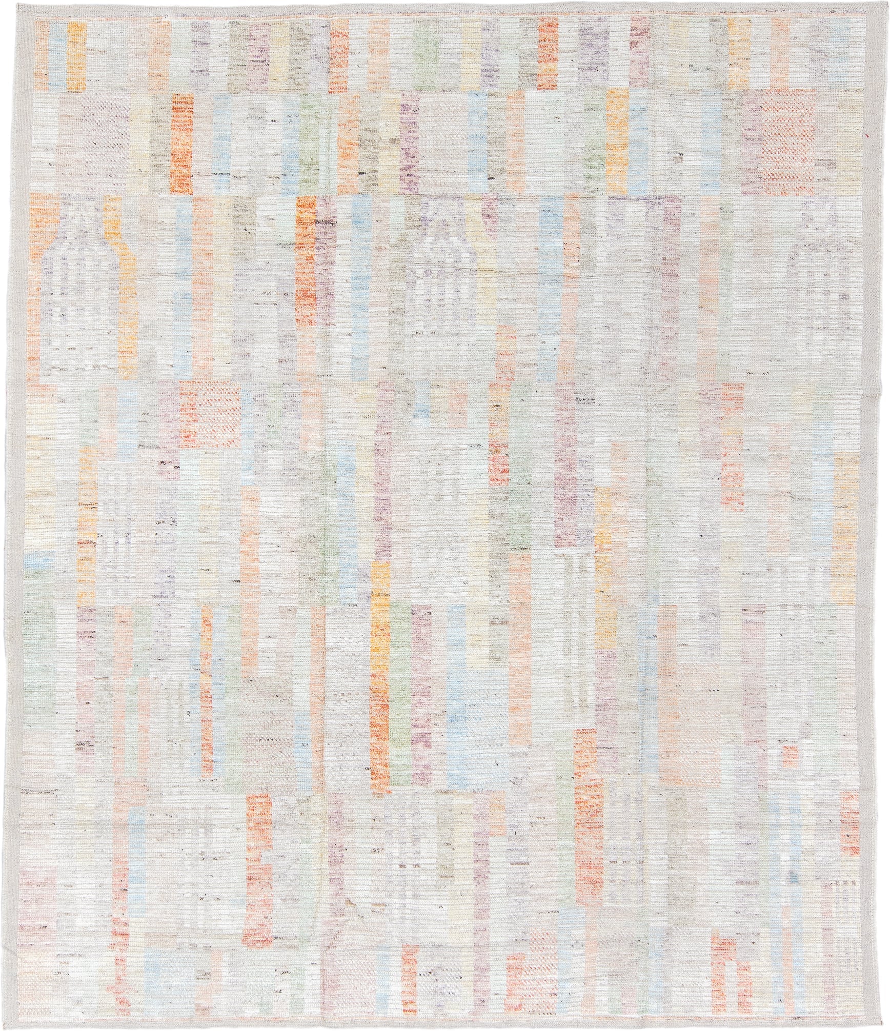 8' x 9' one-of-a-kind handmade vintage Tulu rug. Color palette: ivory, pale blue, peach, lavender, soft gold, sage, blush