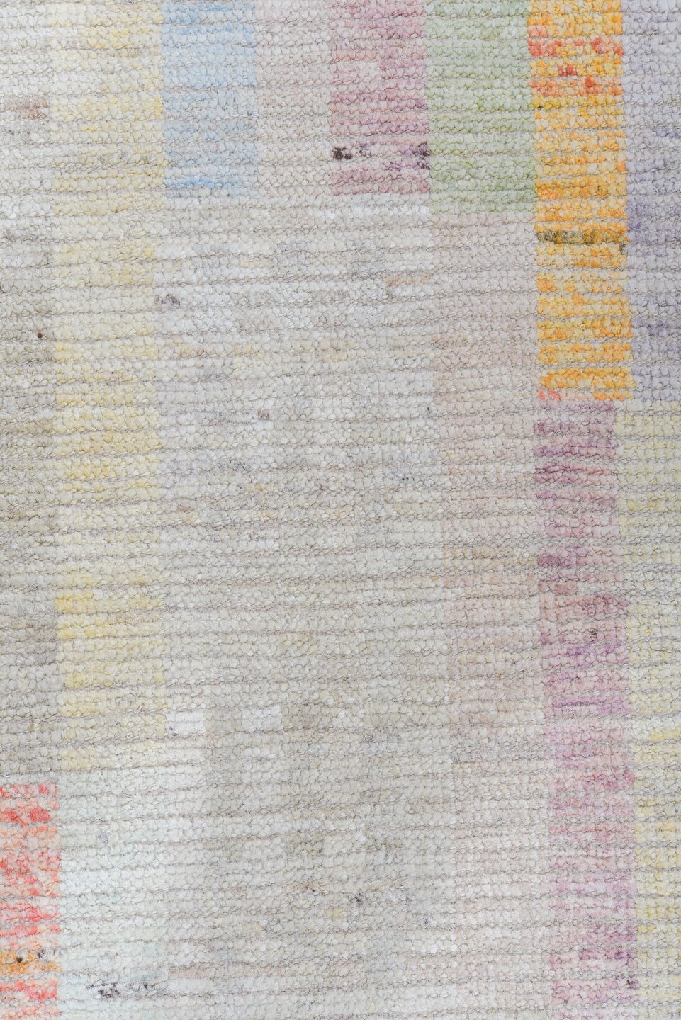 8' x 9' one-of-a-kind handmade vintage Tulu rug. Color palette: ivory, pale blue, peach, lavender, soft gold, sage, blush