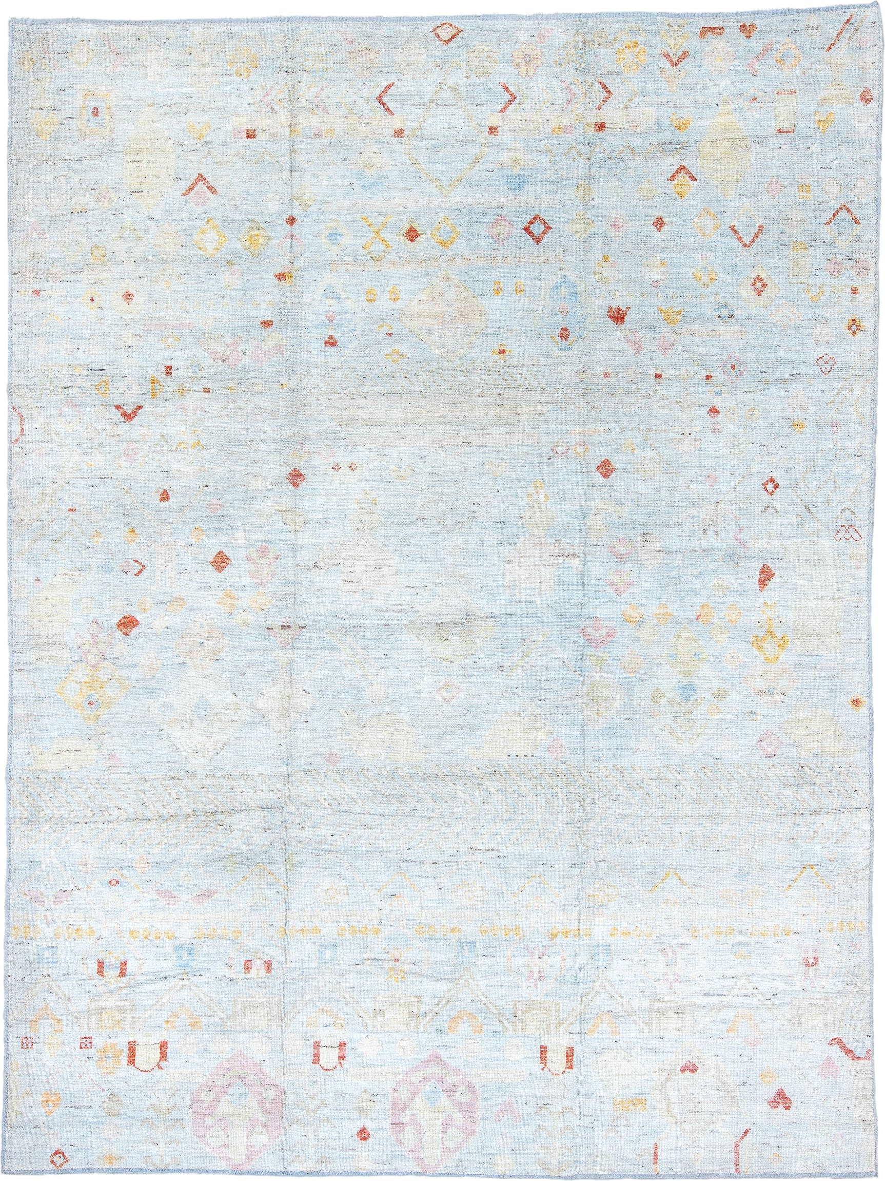 10' x 13' one-of-a-kind handmade vintage Tulu large size rug. Color palette: pale blue, ivory, blush, gold, coral, cream
