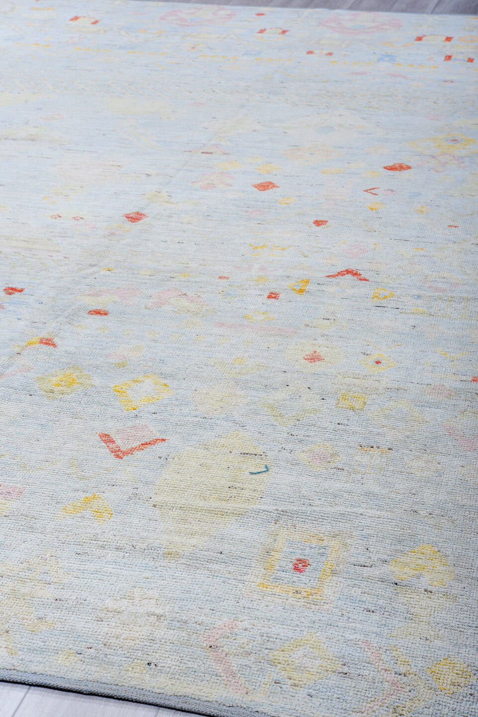 10' x 13' one-of-a-kind handmade vintage Tulu large size rug. Color palette: pale blue, ivory, blush, gold, coral, cream