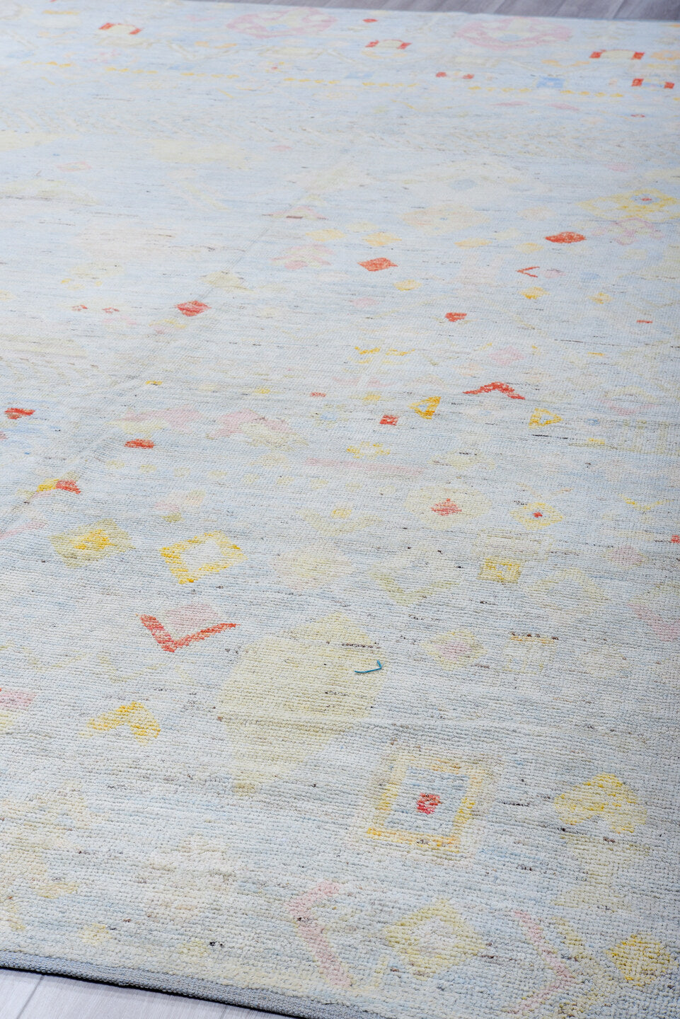 10' x 13' one-of-a-kind handmade vintage Tulu large size rug. Color palette: pale blue, ivory, blush, gold, coral, cream