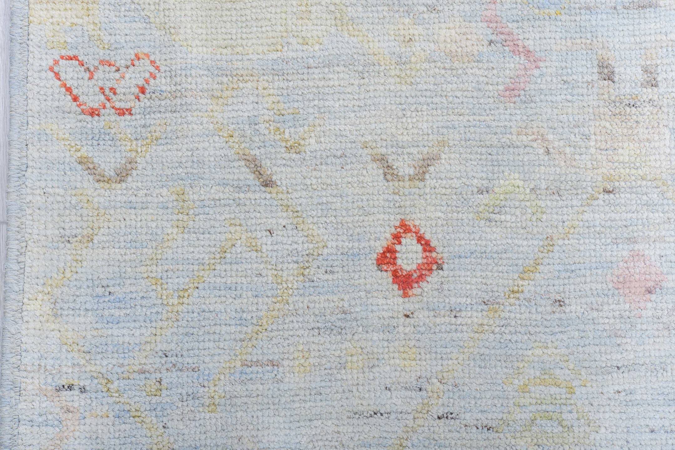 10' x 13' one-of-a-kind handmade vintage Tulu large size rug. Color palette: pale blue, ivory, blush, gold, coral, cream