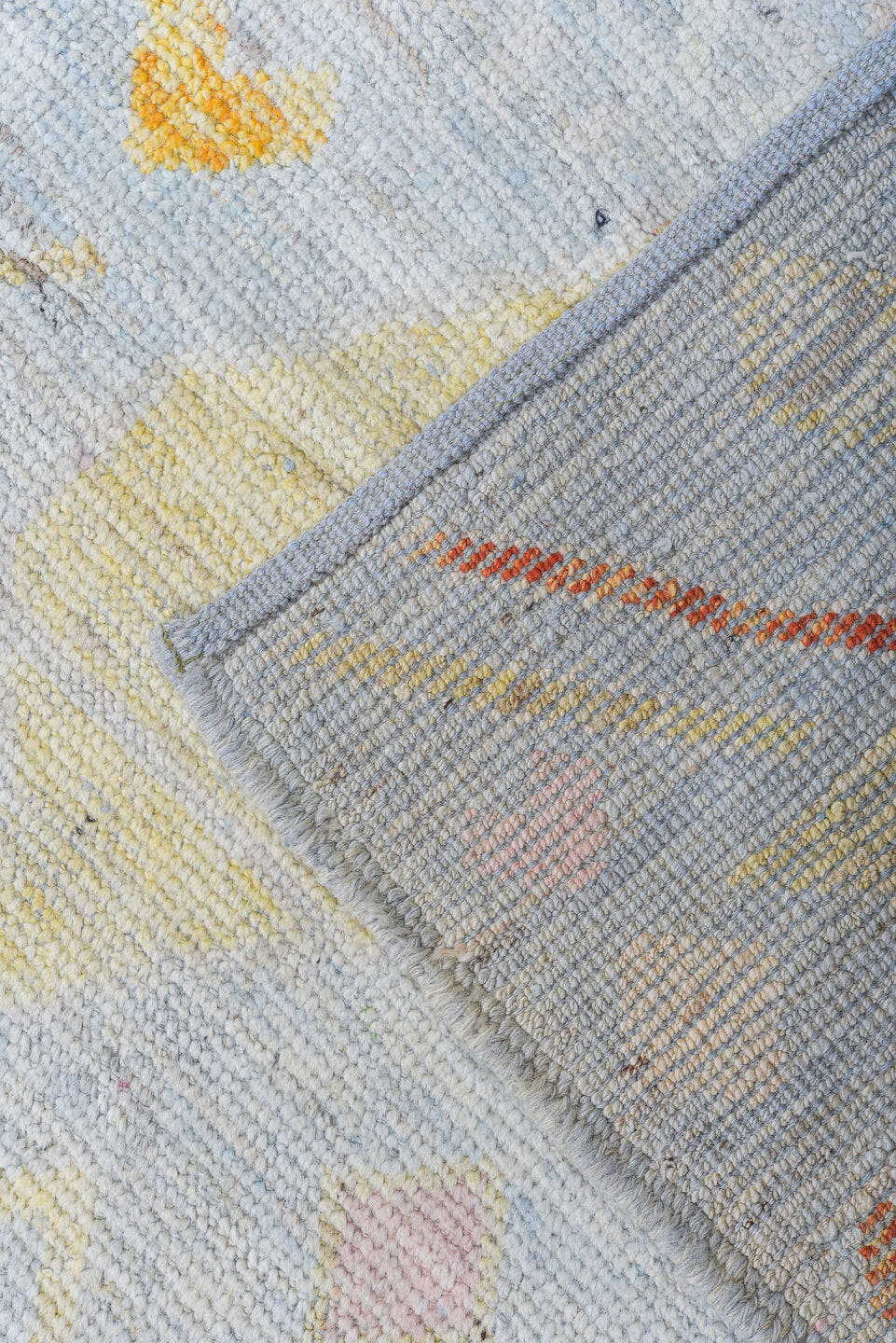 10' x 13' one-of-a-kind handmade vintage Tulu large size rug. Color palette: pale blue, ivory, blush, gold, coral, cream