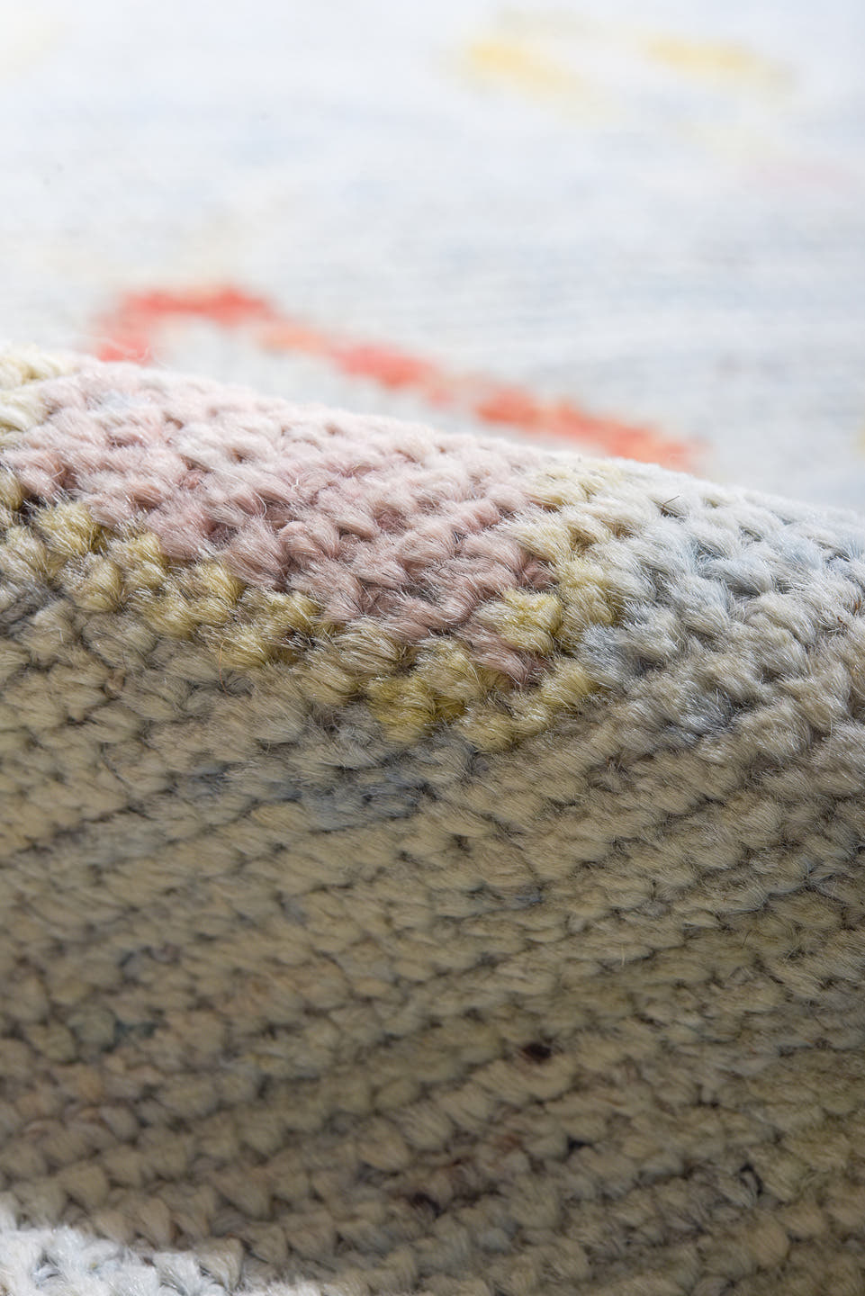 10' x 13' one-of-a-kind handmade vintage Tulu large size rug. Color palette: pale blue, ivory, blush, gold, coral, cream