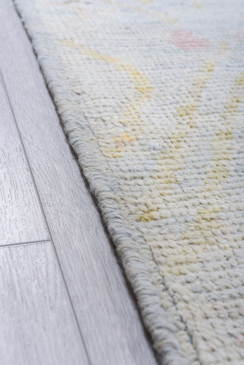 10' x 13' one-of-a-kind handmade vintage Tulu large size rug. Color palette: pale blue, ivory, blush, gold, coral, cream