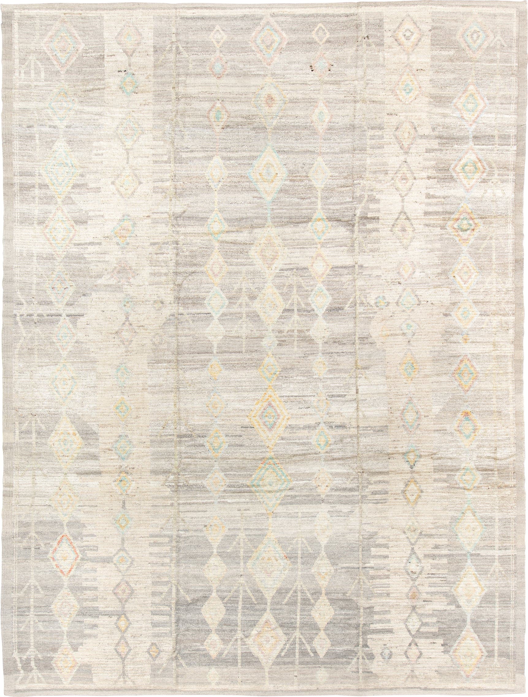 10' x 14' one-of-a-kind handmade vintage Tulu large size rug. Color palette: ivory, taupe, cream, pale aqua, gold, blush