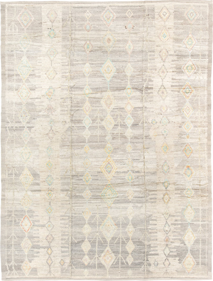 10' x 14' one-of-a-kind handmade vintage Tulu large size rug. Color palette: ivory, taupe, cream, pale aqua, gold, blush