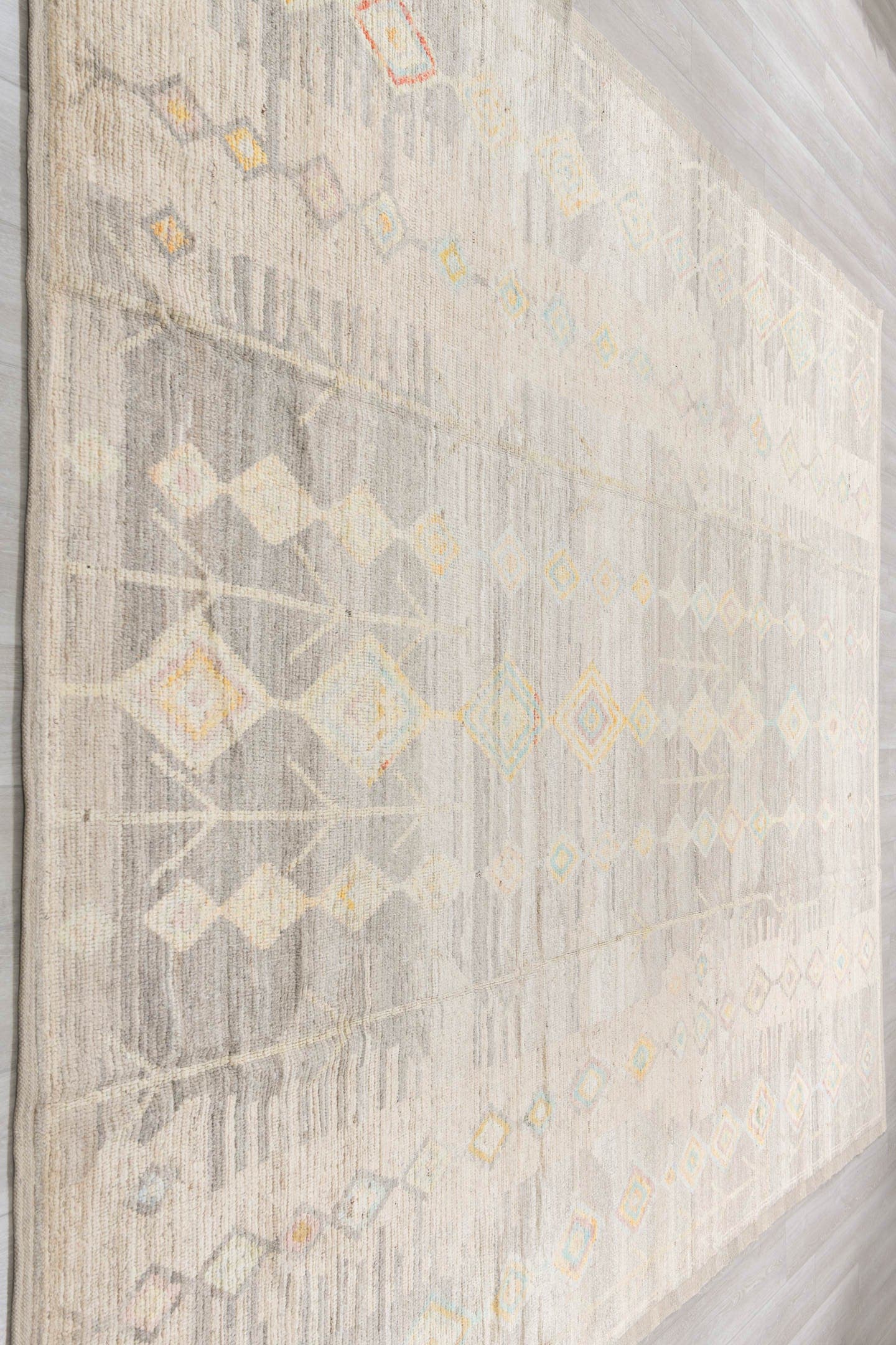10' x 14' one-of-a-kind handmade vintage Tulu large size rug. Color palette: ivory, taupe, cream, pale aqua, gold, blush