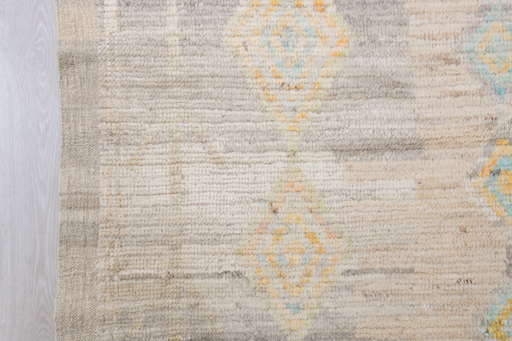 10' x 14' one-of-a-kind handmade vintage Tulu large size rug. Color palette: ivory, taupe, cream, pale aqua, gold, blush