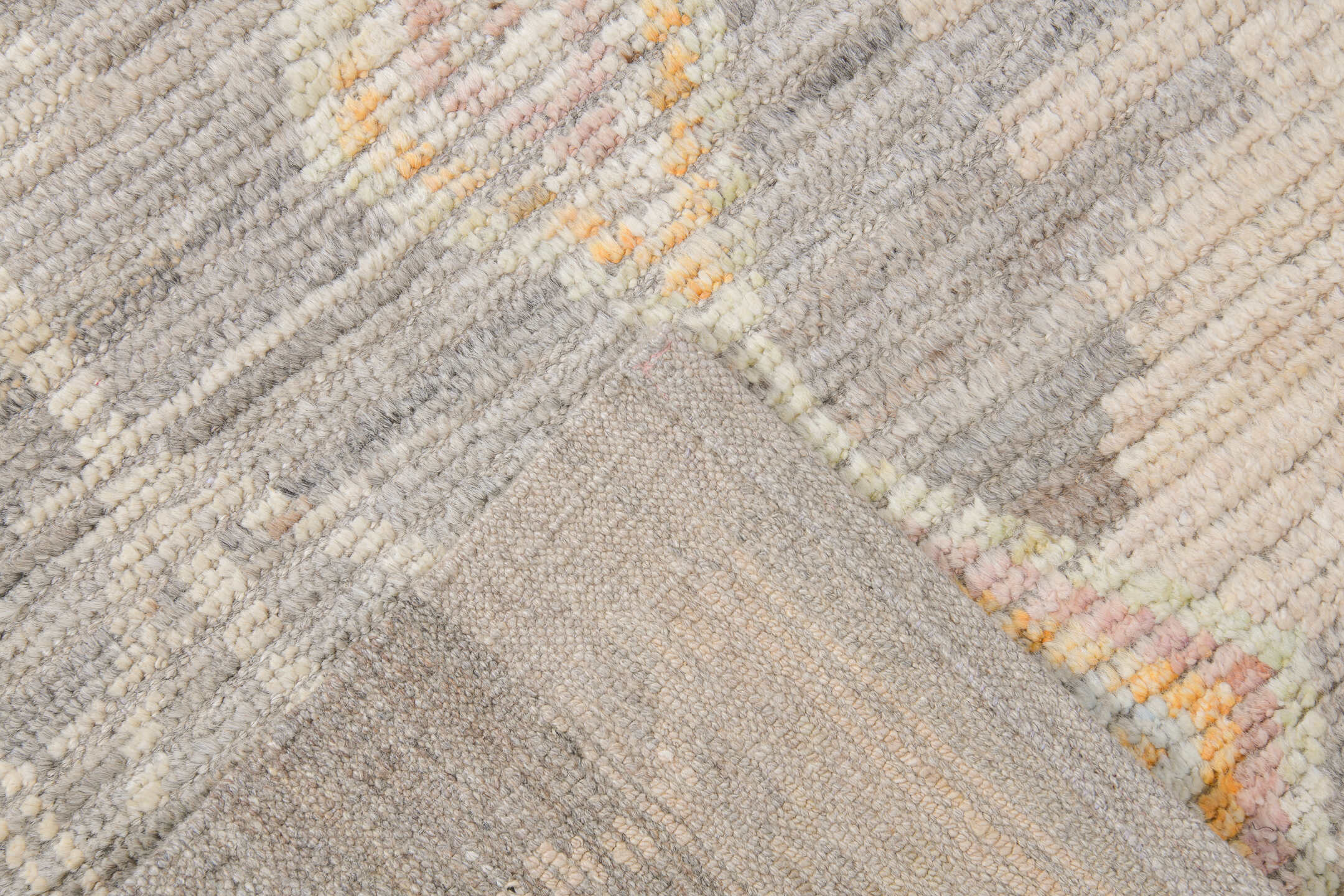 10' x 14' one-of-a-kind handmade vintage Tulu large size rug. Color palette: ivory, taupe, cream, pale aqua, gold, blush