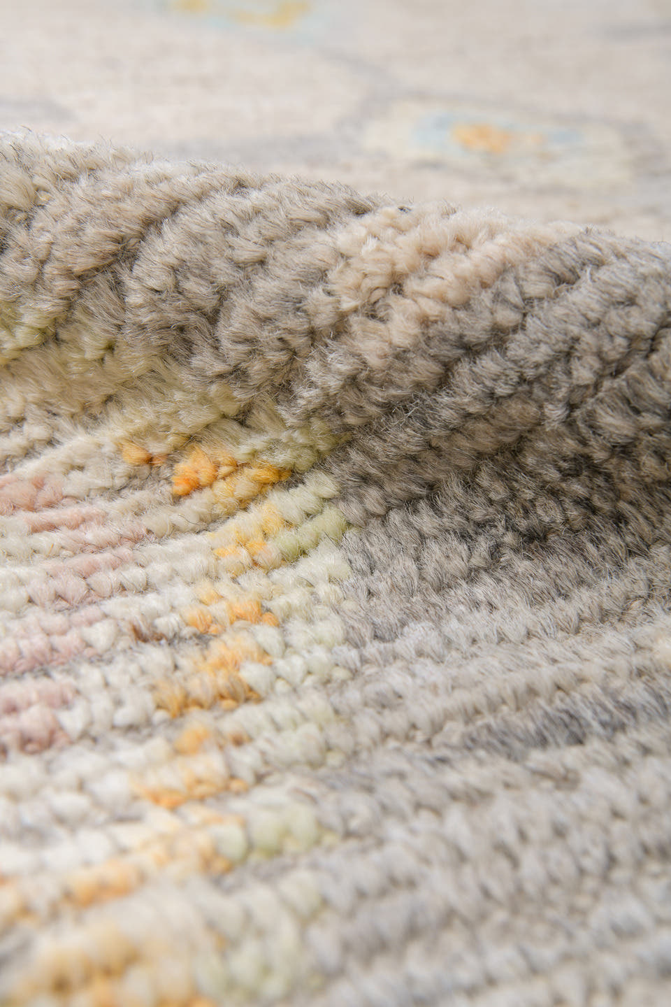 10' x 14' one-of-a-kind handmade vintage Tulu large size rug. Color palette: ivory, taupe, cream, pale aqua, gold, blush