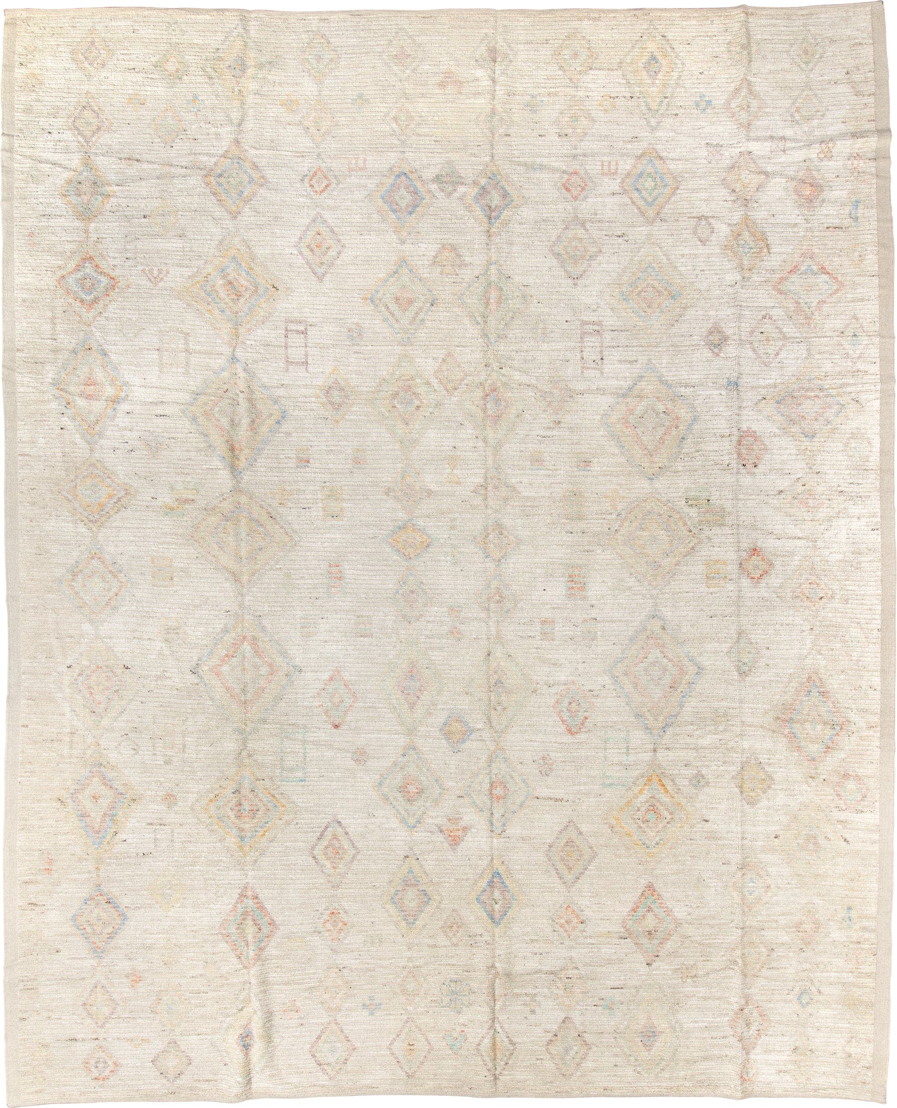 12' x 15' one-of-a-kind handmade vintage Tulu oversize rug. Color palette: ivory, cream, pale blue, coral, gold, sage