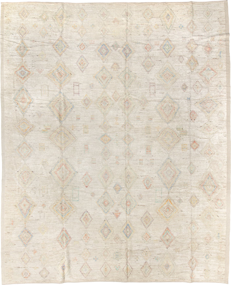 12' x 15' one-of-a-kind handmade vintage Tulu oversize rug. Color palette: ivory, cream, pale blue, coral, gold, sage