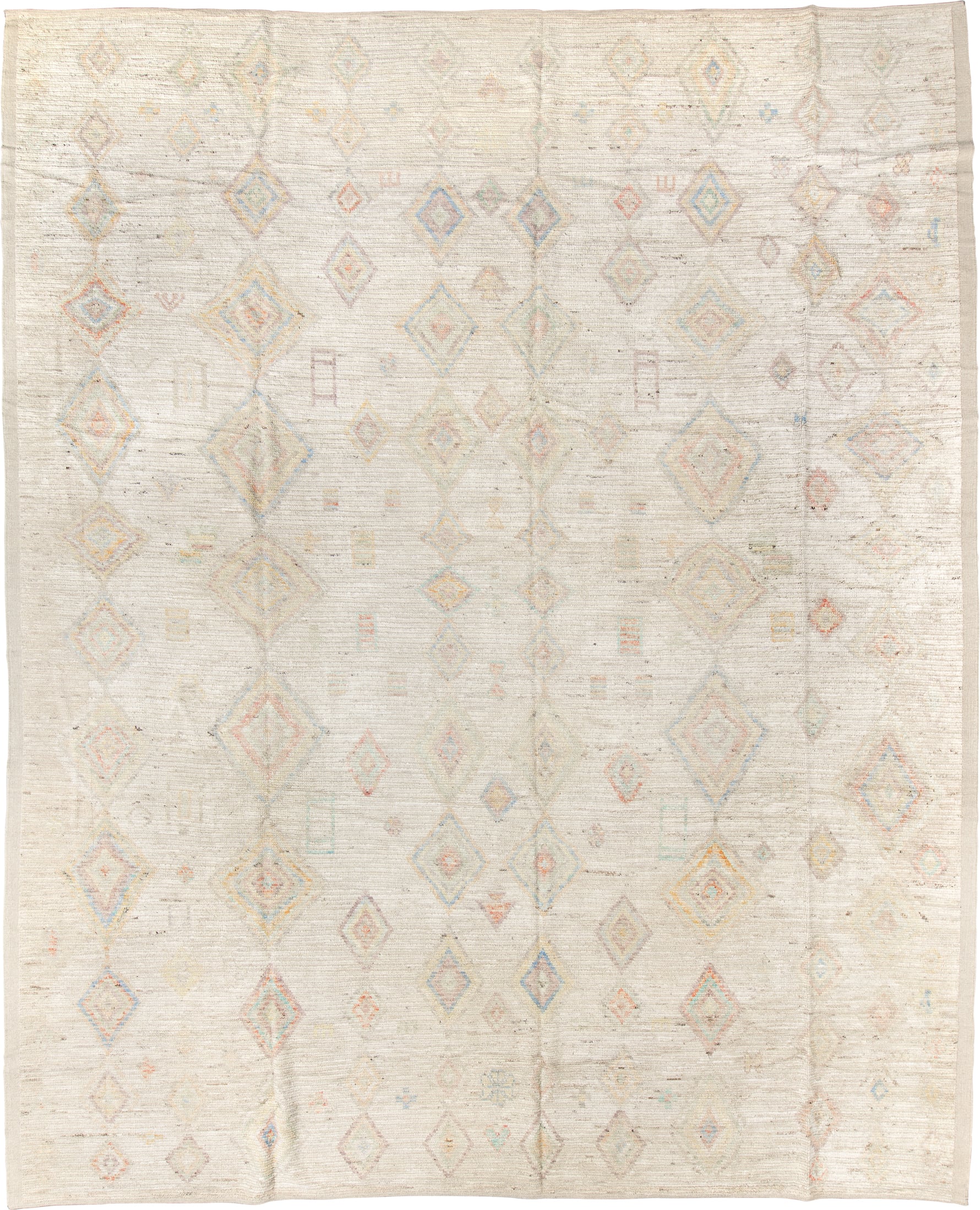 12' x 15' one-of-a-kind handmade vintage Tulu oversize rug. Color palette: ivory, cream, pale blue, coral, gold, sage