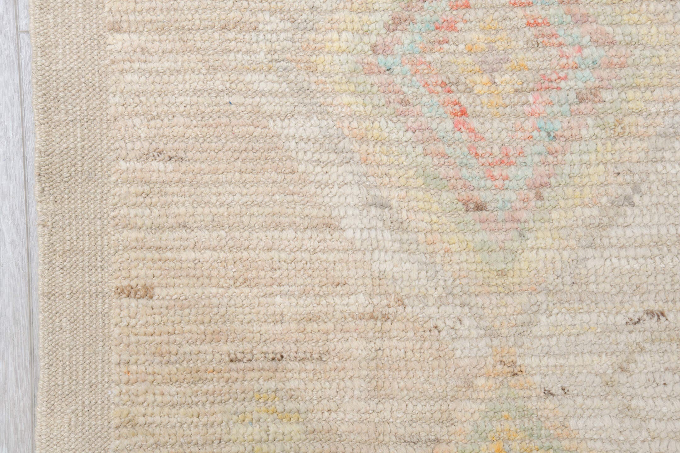 12' x 15' one-of-a-kind handmade vintage Tulu oversize rug. Color palette: ivory, cream, pale blue, coral, gold, sage