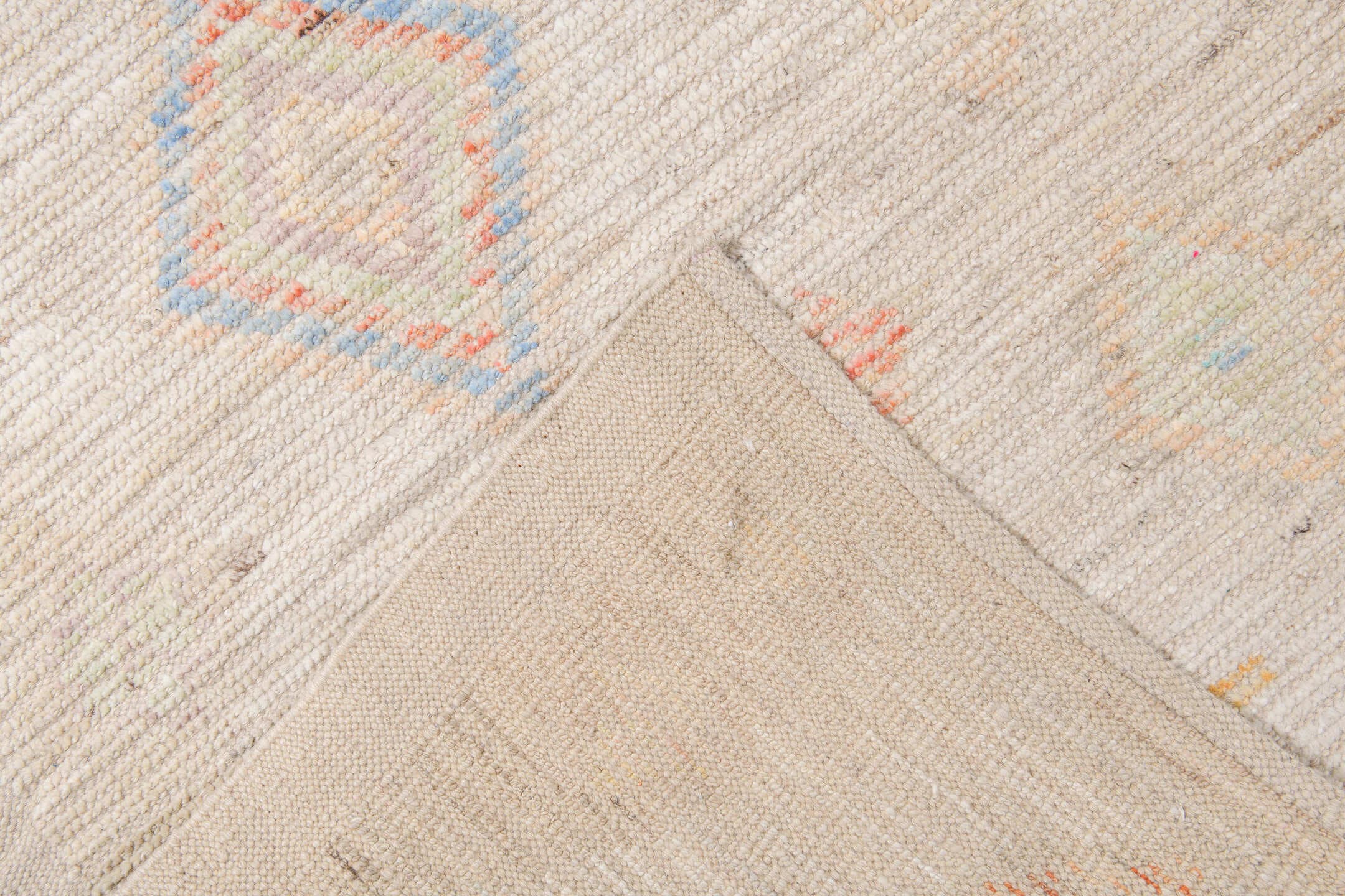 12' x 15' one-of-a-kind handmade vintage Tulu oversize rug. Color palette: ivory, cream, pale blue, coral, gold, sage