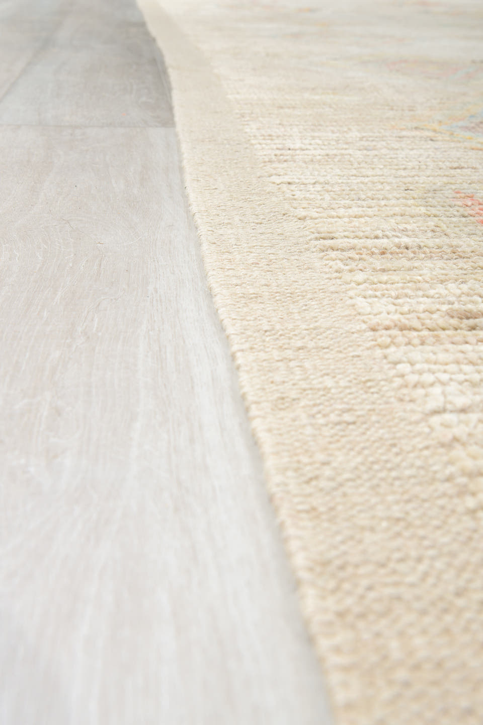 12' x 15' one-of-a-kind handmade vintage Tulu oversize rug. Color palette: ivory, cream, pale blue, coral, gold, sage