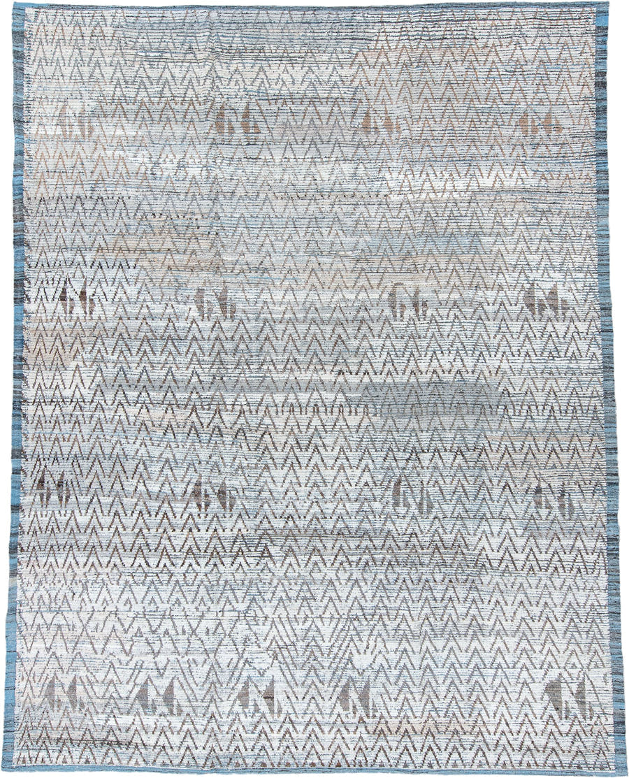9' x 12' one-of-a-kind handmade vintage Tulu large size rug. Color palette: ivory, blue gray, taupe, slate, camel, gray