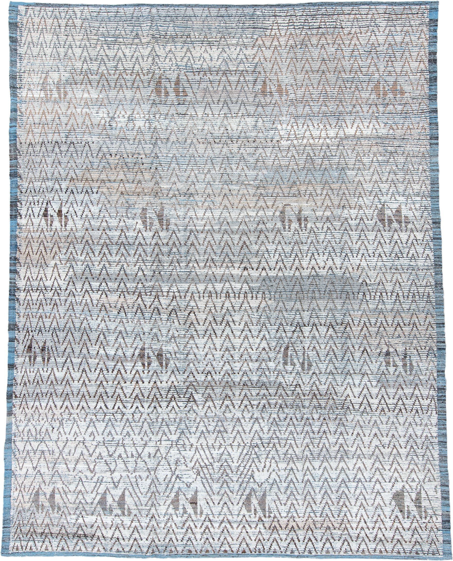 9' x 12' one-of-a-kind handmade vintage Tulu large size rug. Color palette: ivory, blue gray, taupe, slate, camel, gray