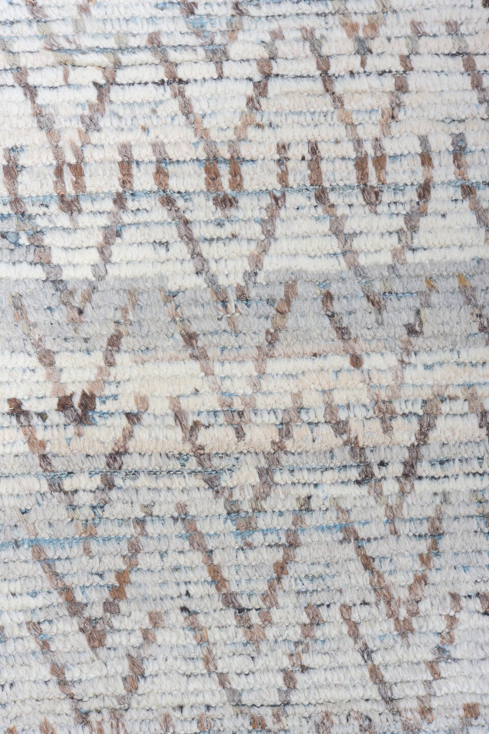 9' x 12' one-of-a-kind handmade vintage Tulu large size rug. Color palette: ivory, blue gray, taupe, slate, camel, gray