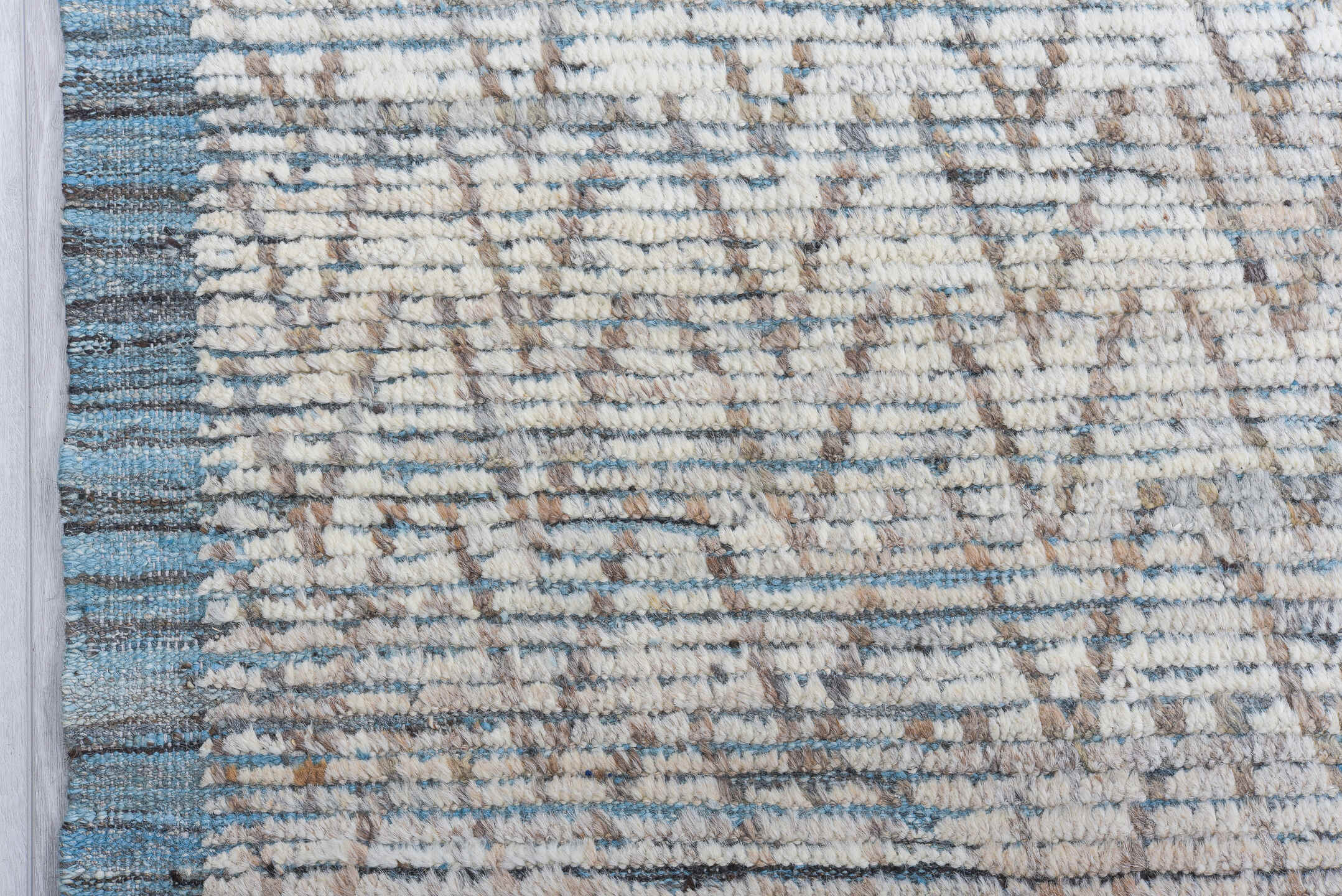 9' x 12' one-of-a-kind handmade vintage Tulu large size rug. Color palette: ivory, blue gray, taupe, slate, camel, gray