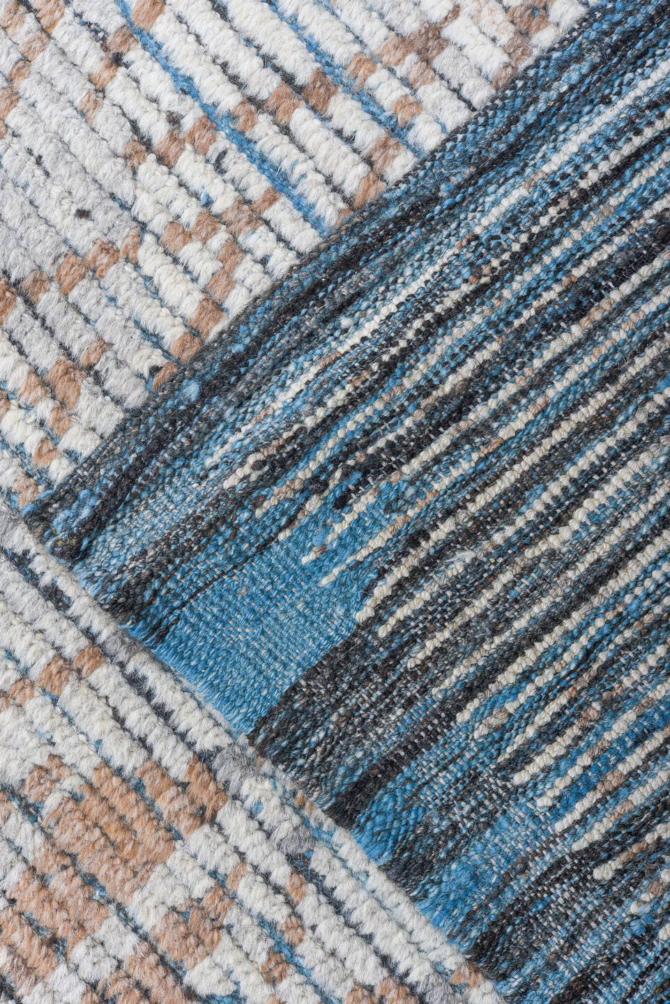 9' x 12' one-of-a-kind handmade vintage Tulu large size rug. Color palette: ivory, blue gray, taupe, slate, camel, gray