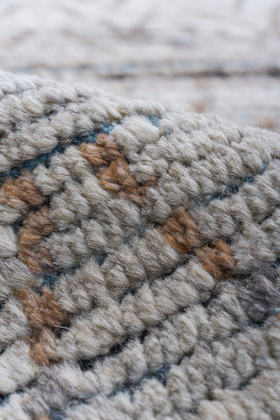 9' x 12' one-of-a-kind handmade vintage Tulu large size rug. Color palette: ivory, blue gray, taupe, slate, camel, gray