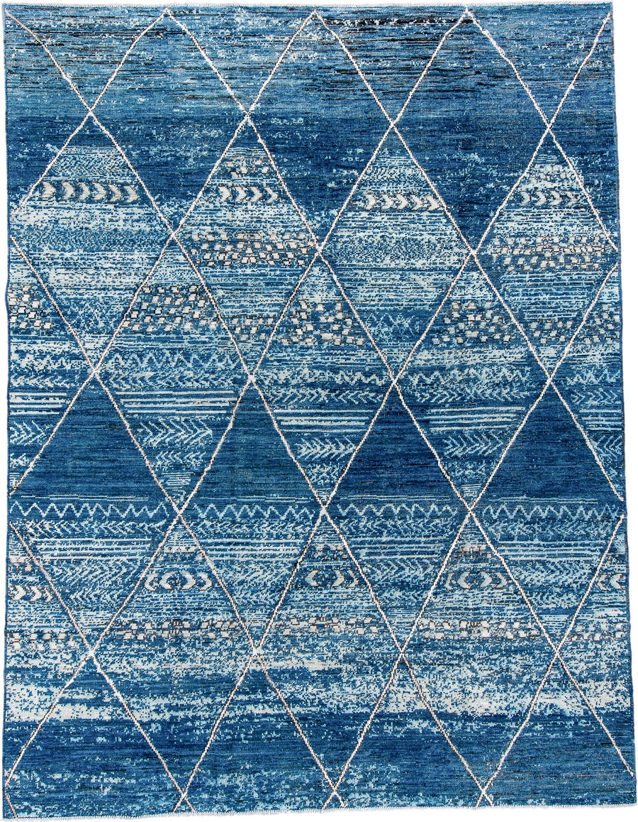 9' x 11' one-of-a-kind handmade vintage Tulu large size rug. Color palette: blue, ivory, indigo, slate, denim, purple, gray