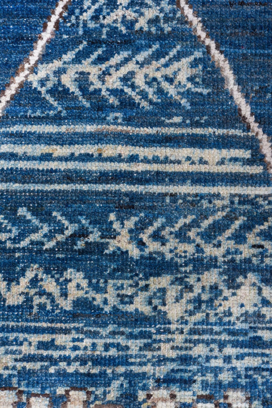 9' x 11' one-of-a-kind handmade vintage Tulu large size rug. Color palette: blue, ivory, indigo, slate, denim, purple, gray