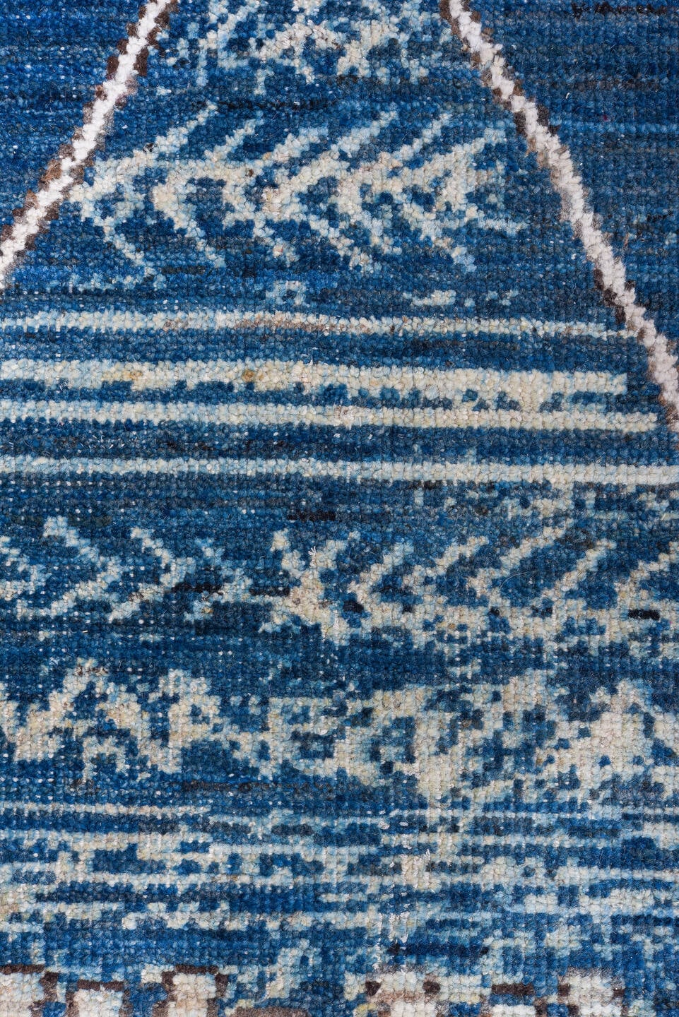 9' x 11' one-of-a-kind handmade vintage Tulu large size rug. Color palette: blue, ivory, indigo, slate, denim, purple, gray
