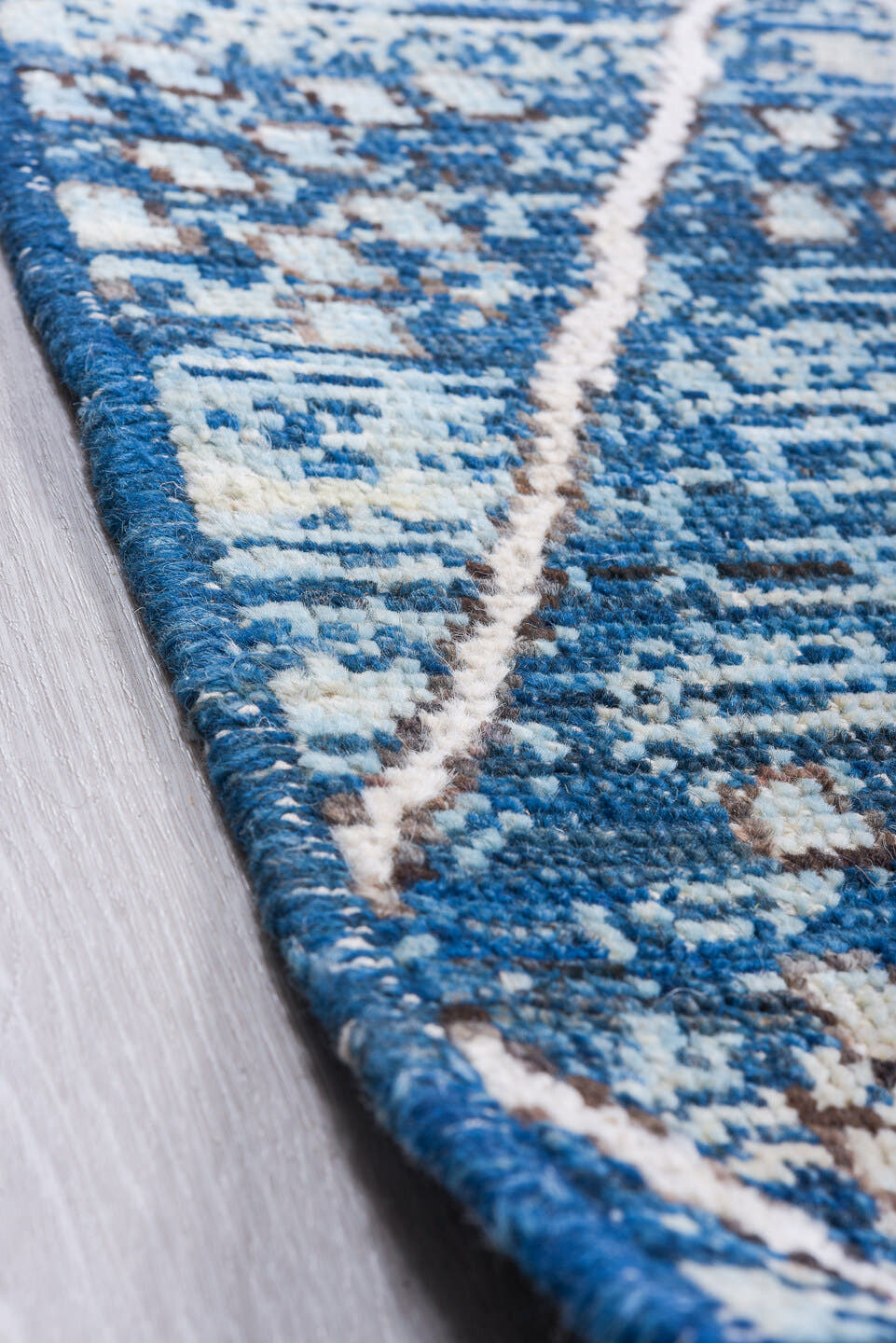 9' x 11' one-of-a-kind handmade vintage Tulu large size rug. Color palette: blue, ivory, indigo, slate, denim, purple, gray