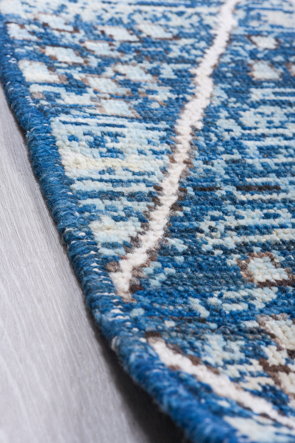 9' x 11' one-of-a-kind handmade vintage Tulu large size rug. Color palette: blue, ivory, indigo, slate, denim, purple, gray