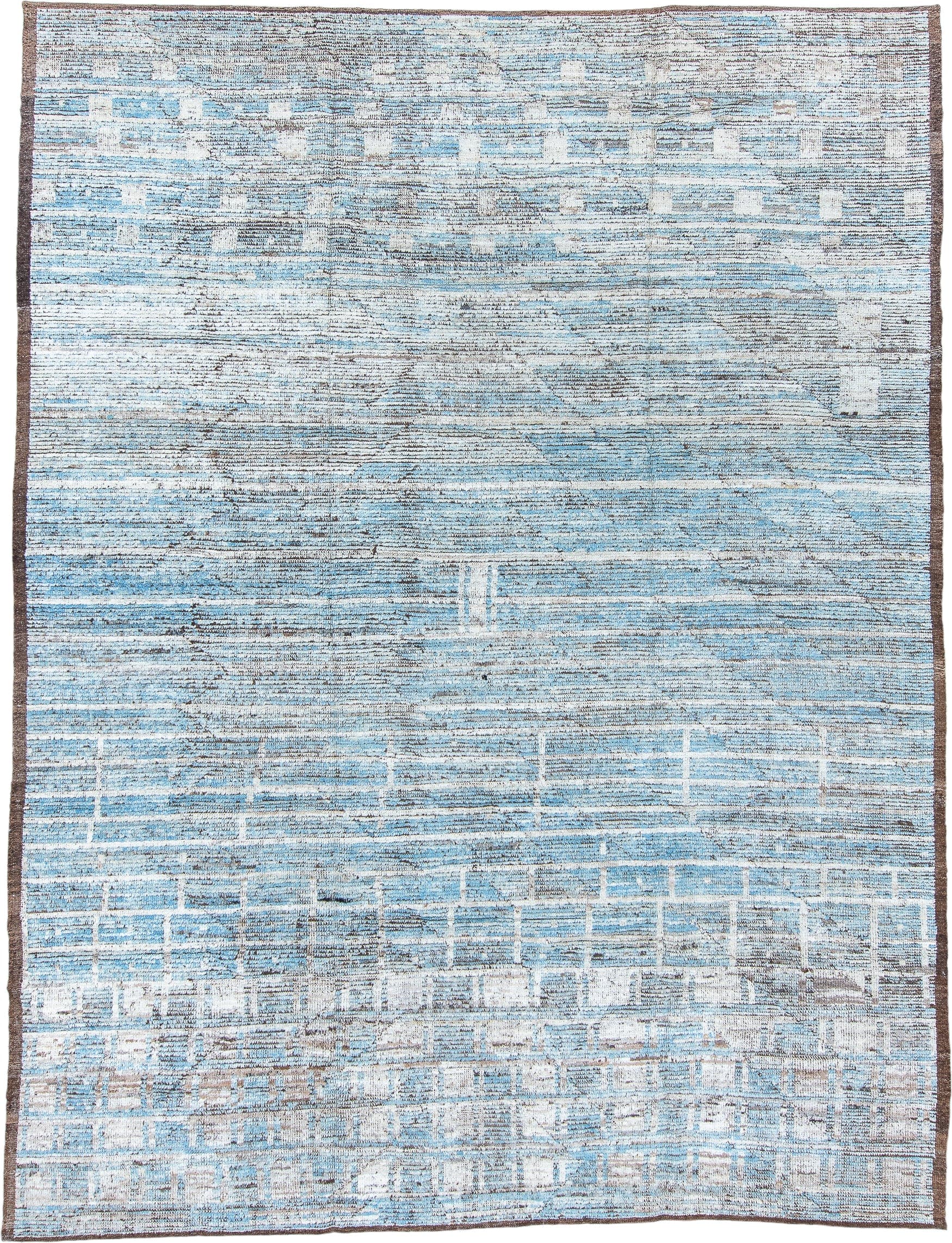 9' x 12' one-of-a-kind handmade vintage Tulu large size rug. Color palette: sky blue, ivory, taupe, brown, gray, light blue