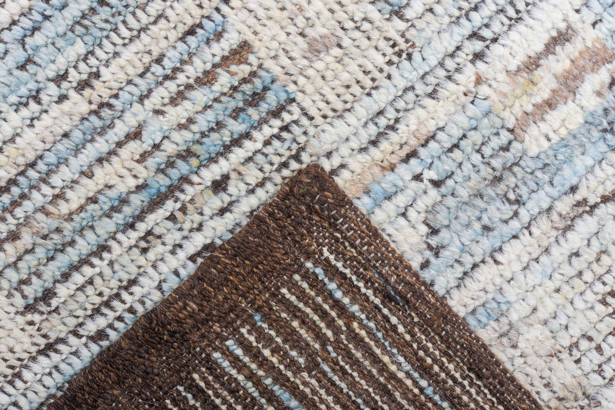 9' x 12' one-of-a-kind handmade vintage Tulu large size rug. Color palette: sky blue, ivory, taupe, brown, gray, light blue