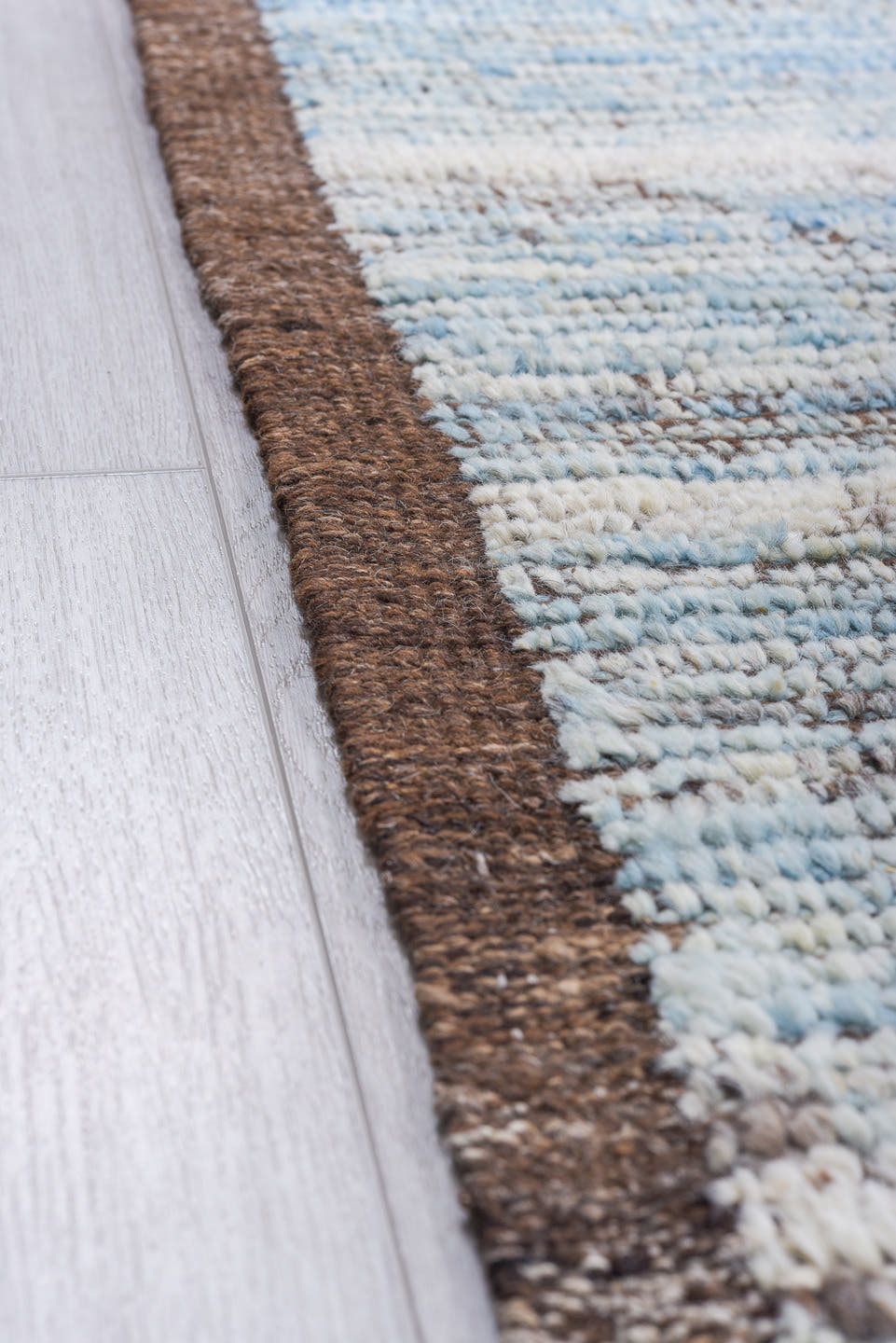 9' x 12' one-of-a-kind handmade vintage Tulu large size rug. Color palette: sky blue, ivory, taupe, brown, gray, light blue